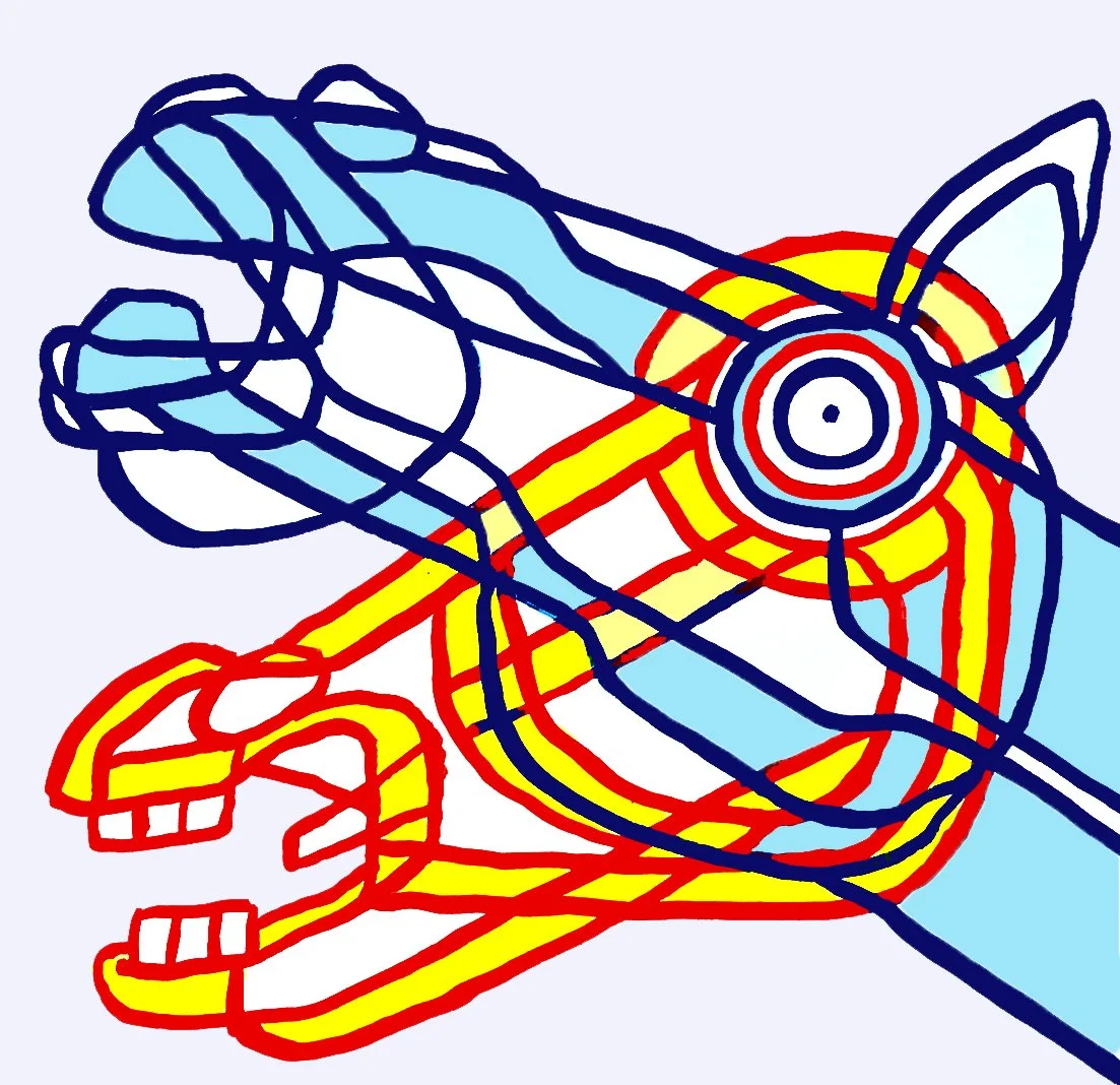 An abstract horse head composition where organic curves meet sharp angles, accented by a striking green and red color scheme.