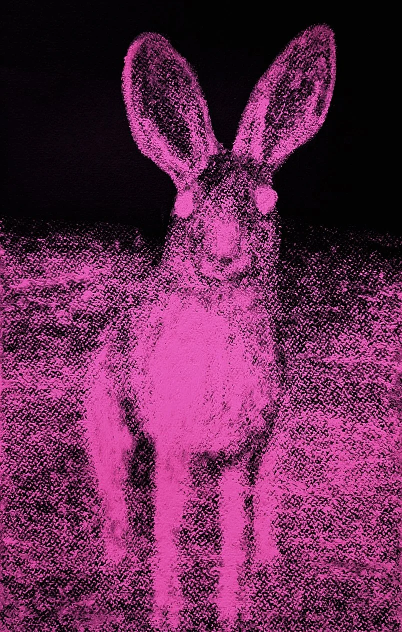 An expressive abstract painting of a rabbit in vibrant red, featuring bold textures and raw emotional energy.