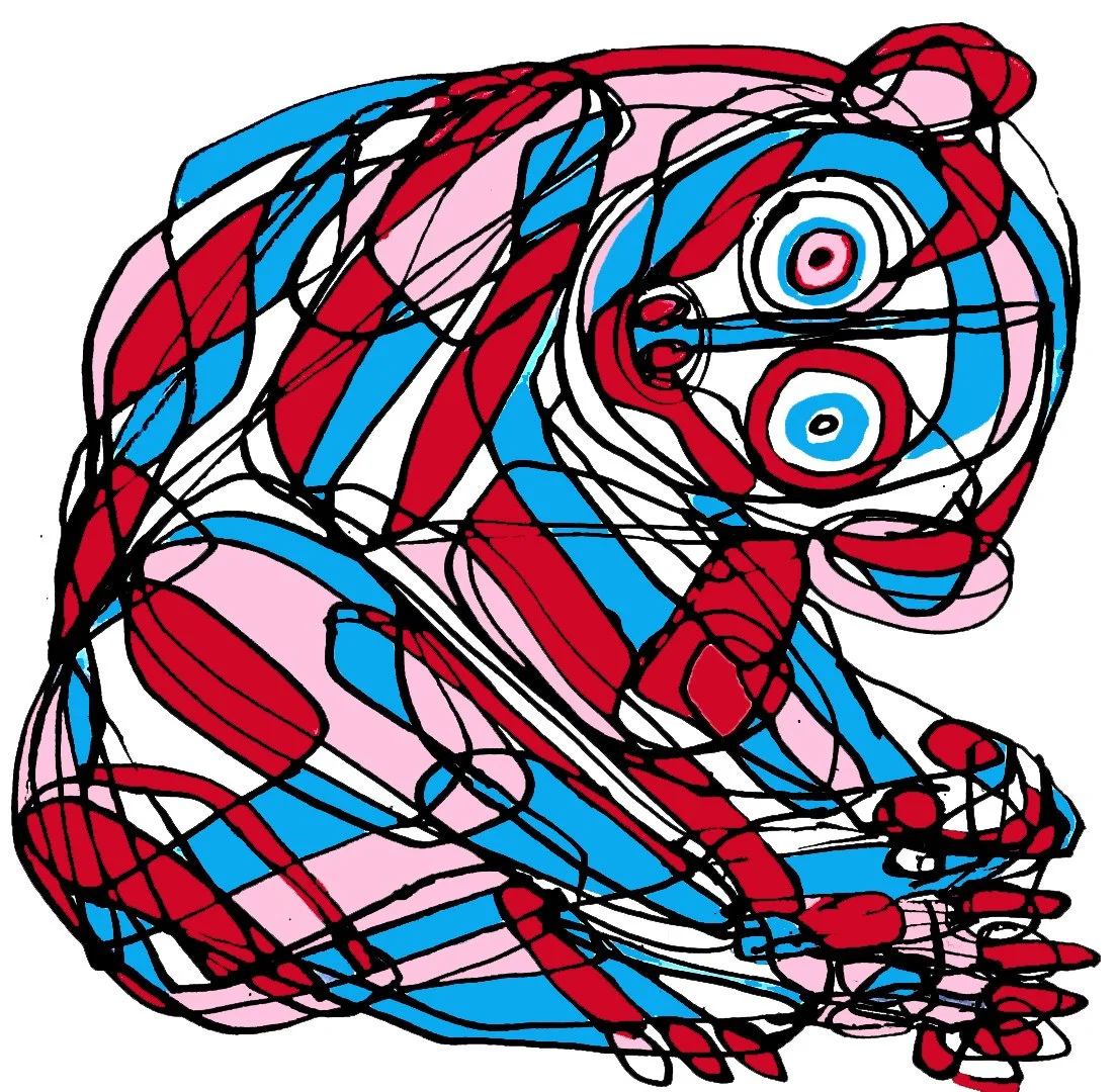 A vibrant and colorful abstract lemur illustration composed of intricate geometric lines and bright patterns.