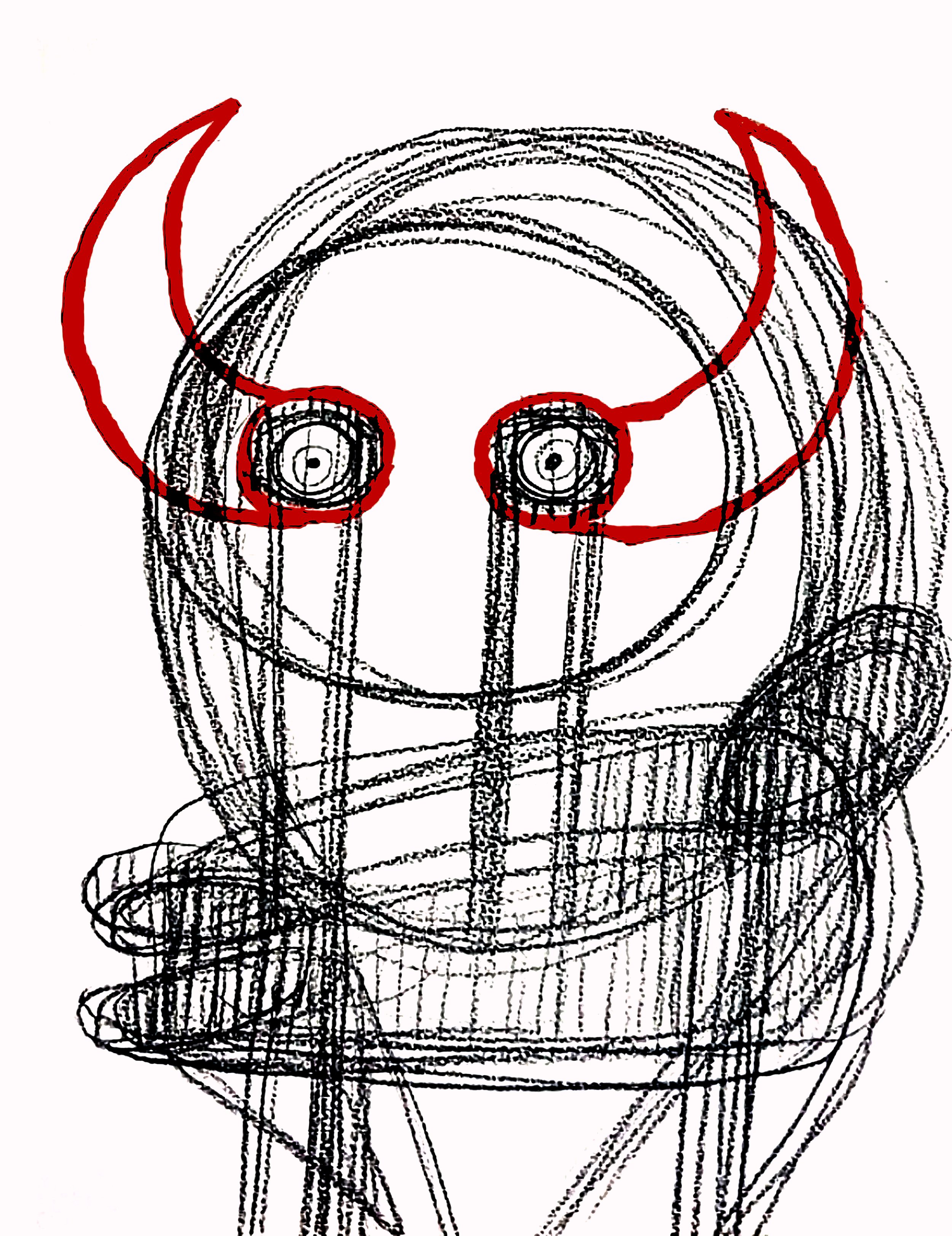 Surreal figurative ink drawing with red horns geometric overlays and anatomical details - Roi Pajursky