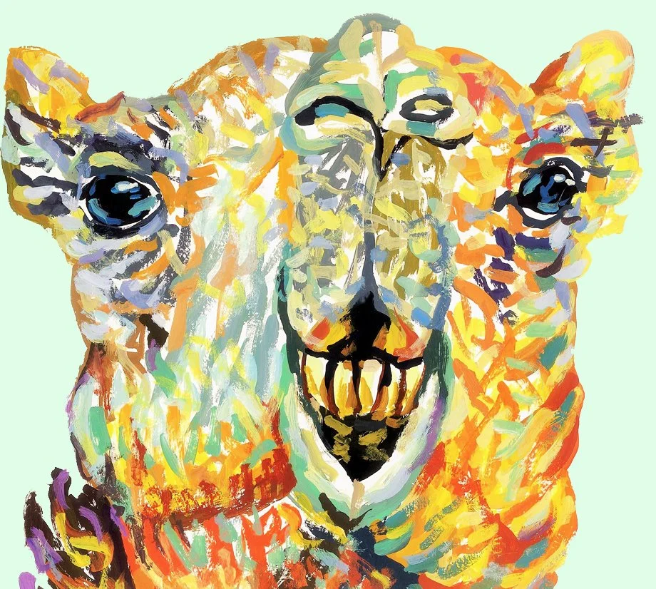 A colorful and expressive watercolor painting of a camel's face, using a wide palette of vivid tones.