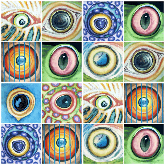 GIF-animated digital evolution of an original hand-painted collage by Roi Pajursky. The video shows static mixed media portraits and colorful textures coming to life, illustrating the transition from physical pigment to rhythmic, fluid motion.