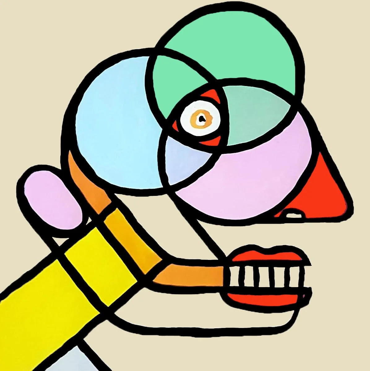 A futuristic circle portrait where the face is composed of circuit-like patterns and colorful geometric blocks.