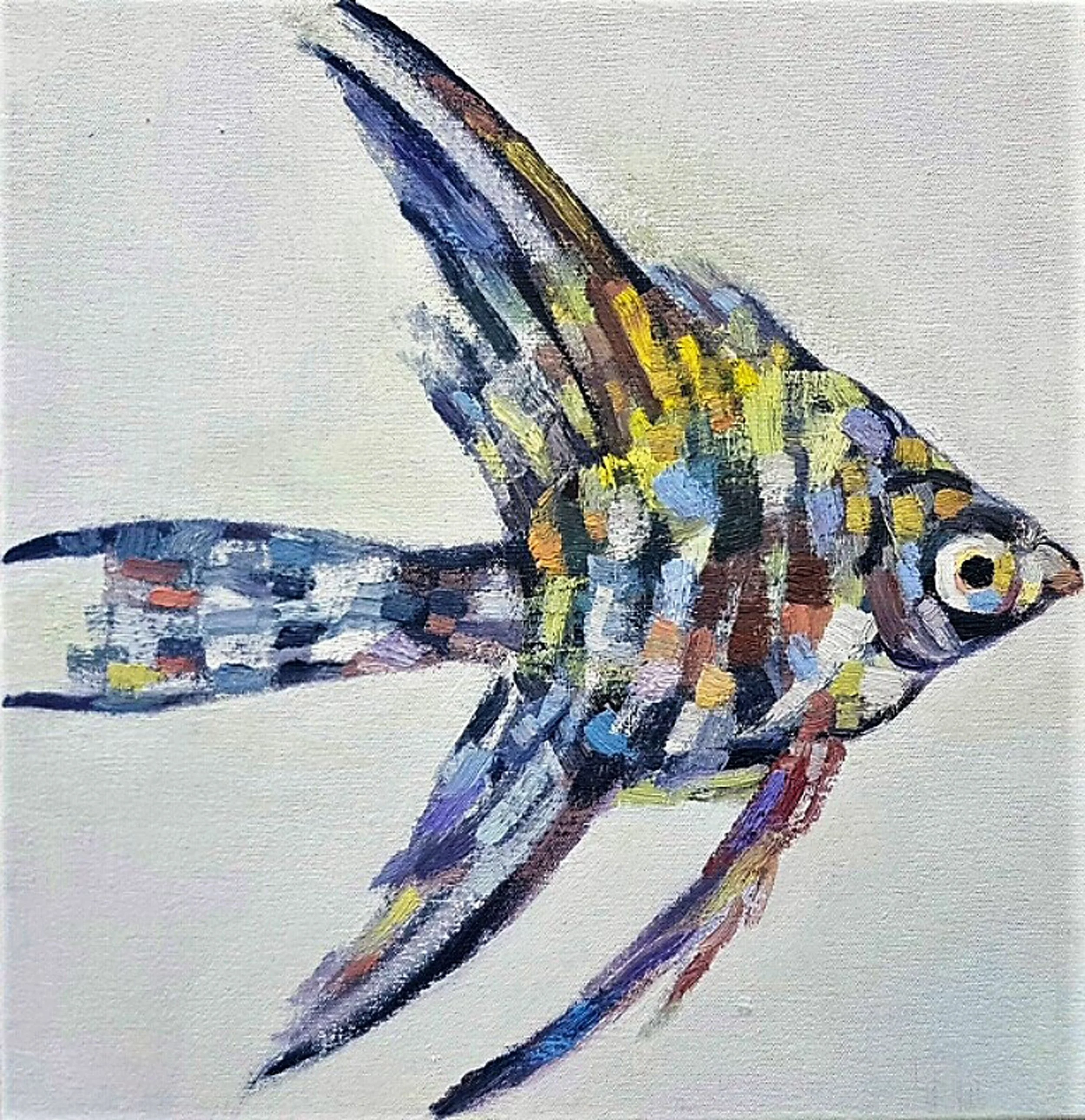 A dynamic and textured oil painting of a tropical fish, showcasing a rich palette of blues, yellows, and purples.