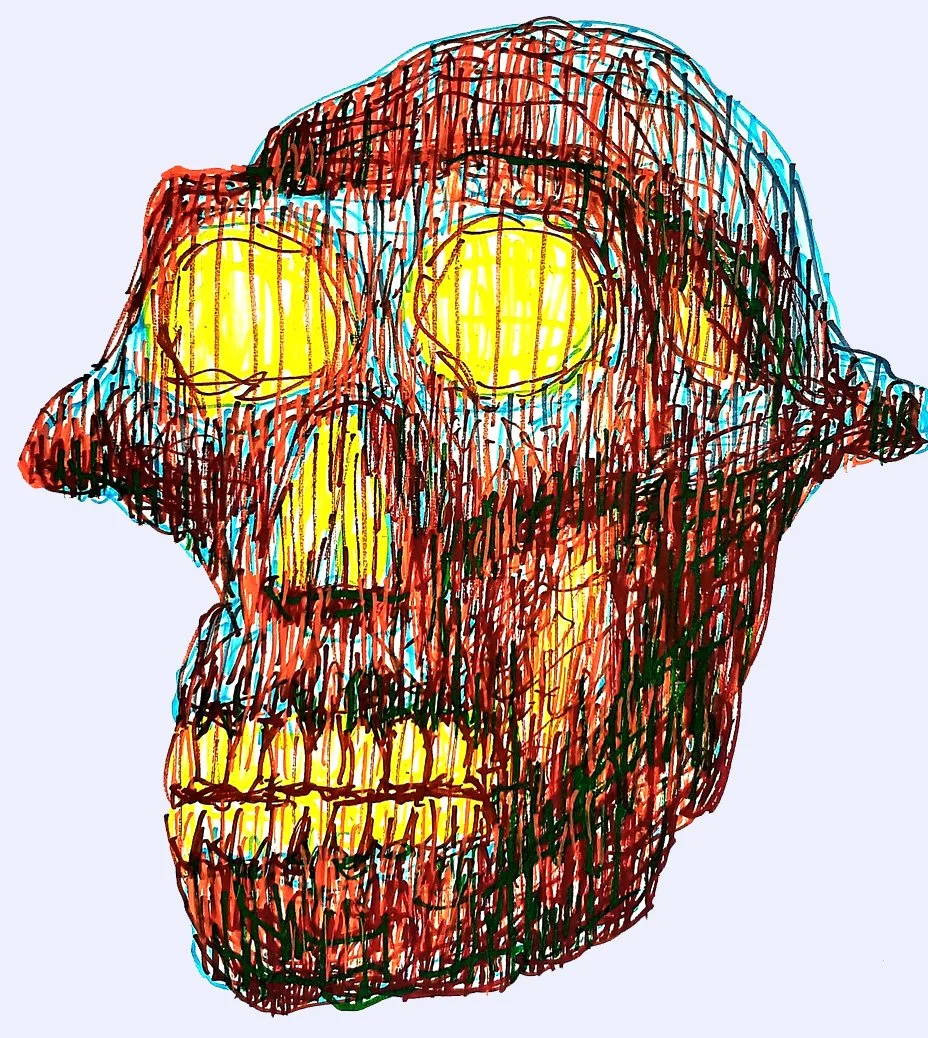 Dark surrealist illustration of a skull-like mask with burning eyes. A provocative piece exploring themes of mystery and the subconscious.