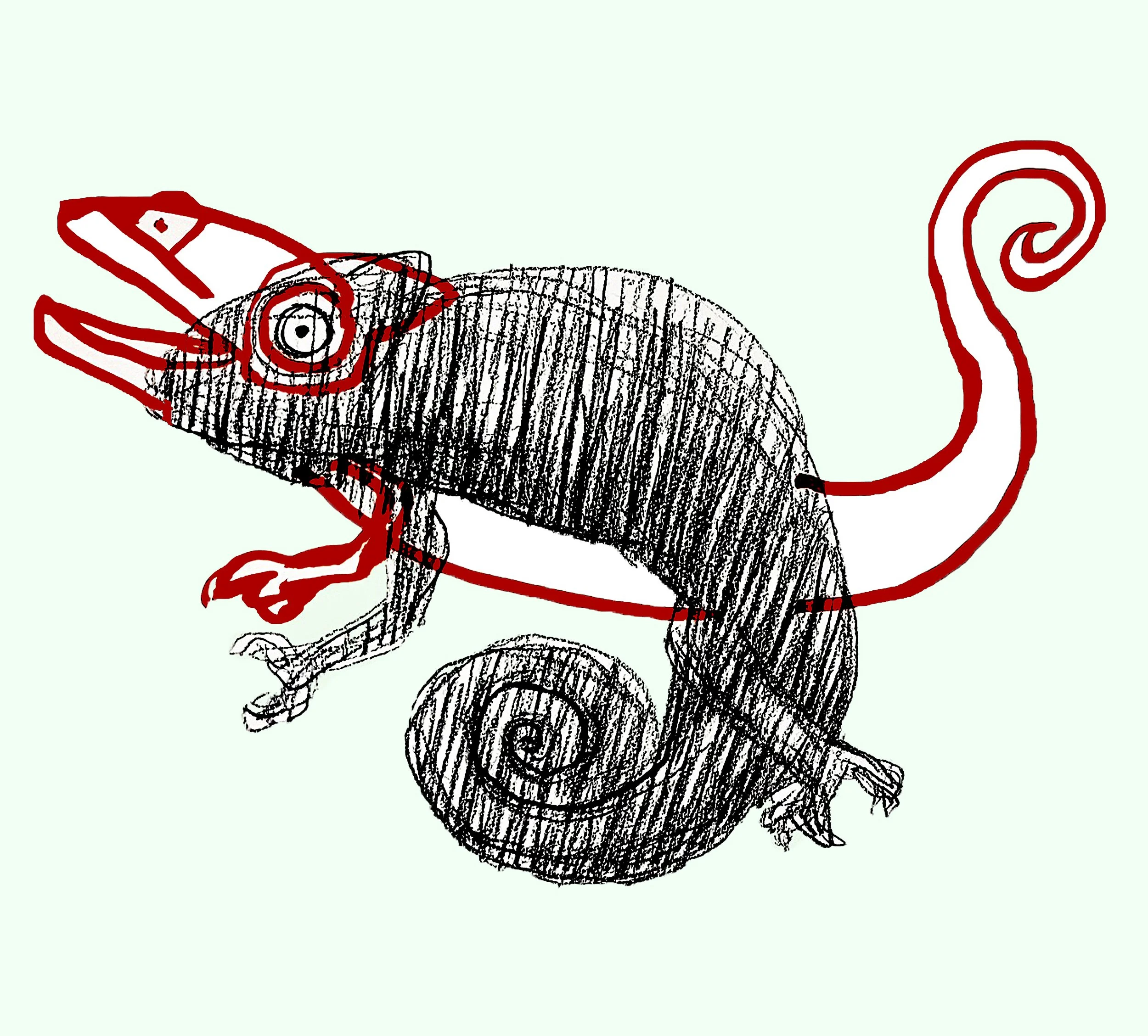 Surreal figurative ink drawing with red chameleon geometric overlays and anatomical details - Roi Pajursky