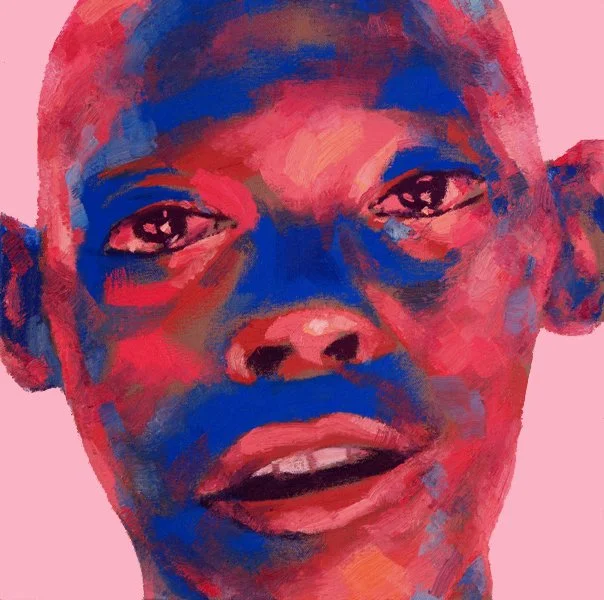 A bold abstract painting of a blue face with striking red lips, utilizing high contrast and expressive brushwork