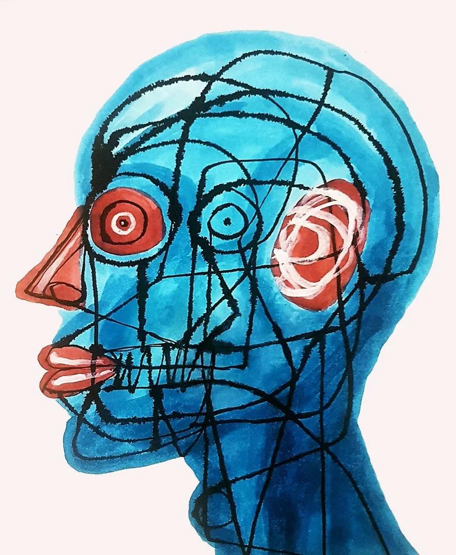 A futuristic portrait where the face is composed of circuit-like patterns and colorful geometric blocks.