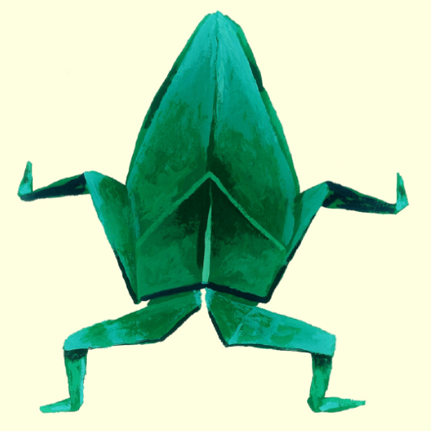 A unique watercolor piece gif  depicting a frog in a green origami style, combining geometry with soft textures.