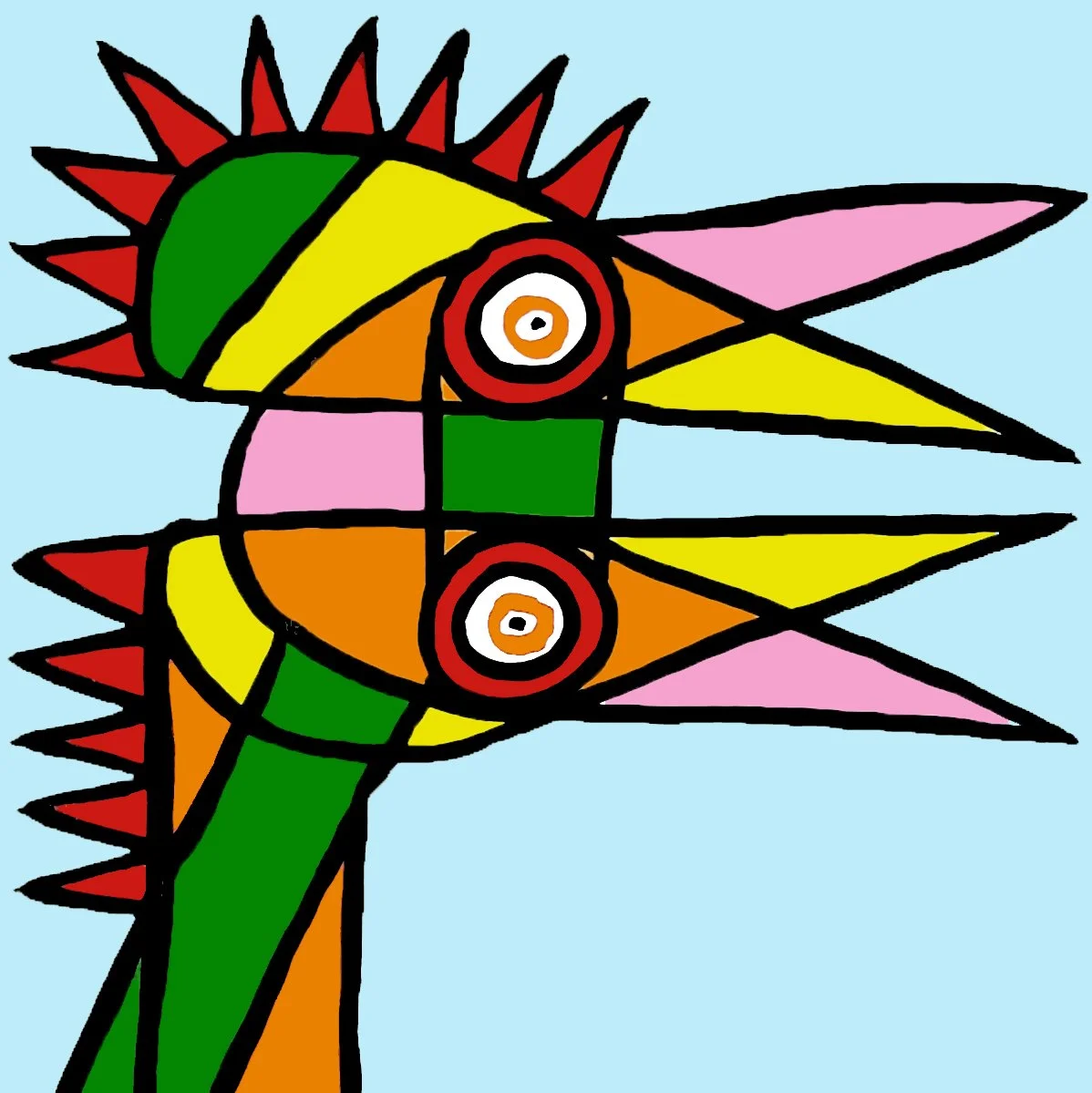 An imaginative bird-like figure composed of sharp triangular forms and contrasting red and yellow tones.