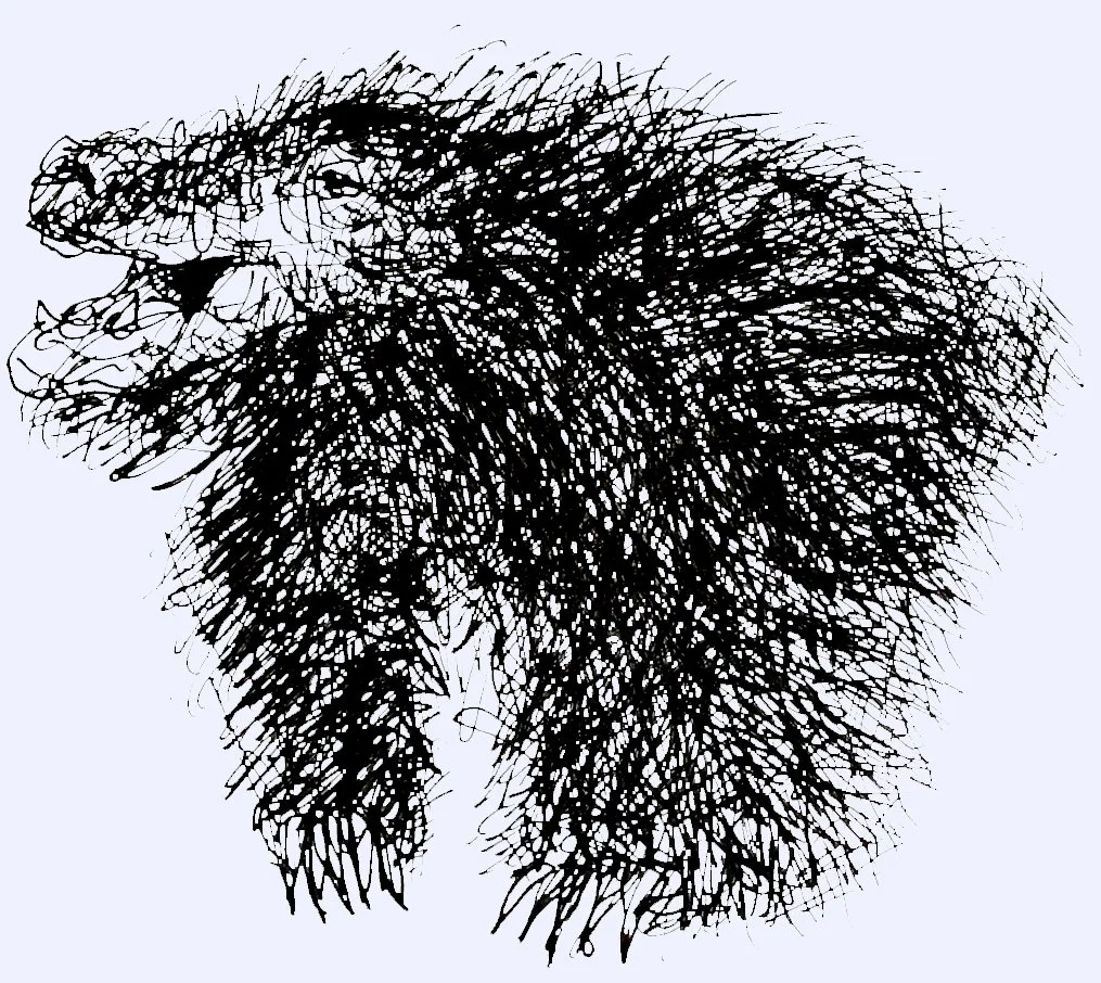 An abstract ink illustration of a mysterious furry creature, focusing on dense line work and expressive textures.