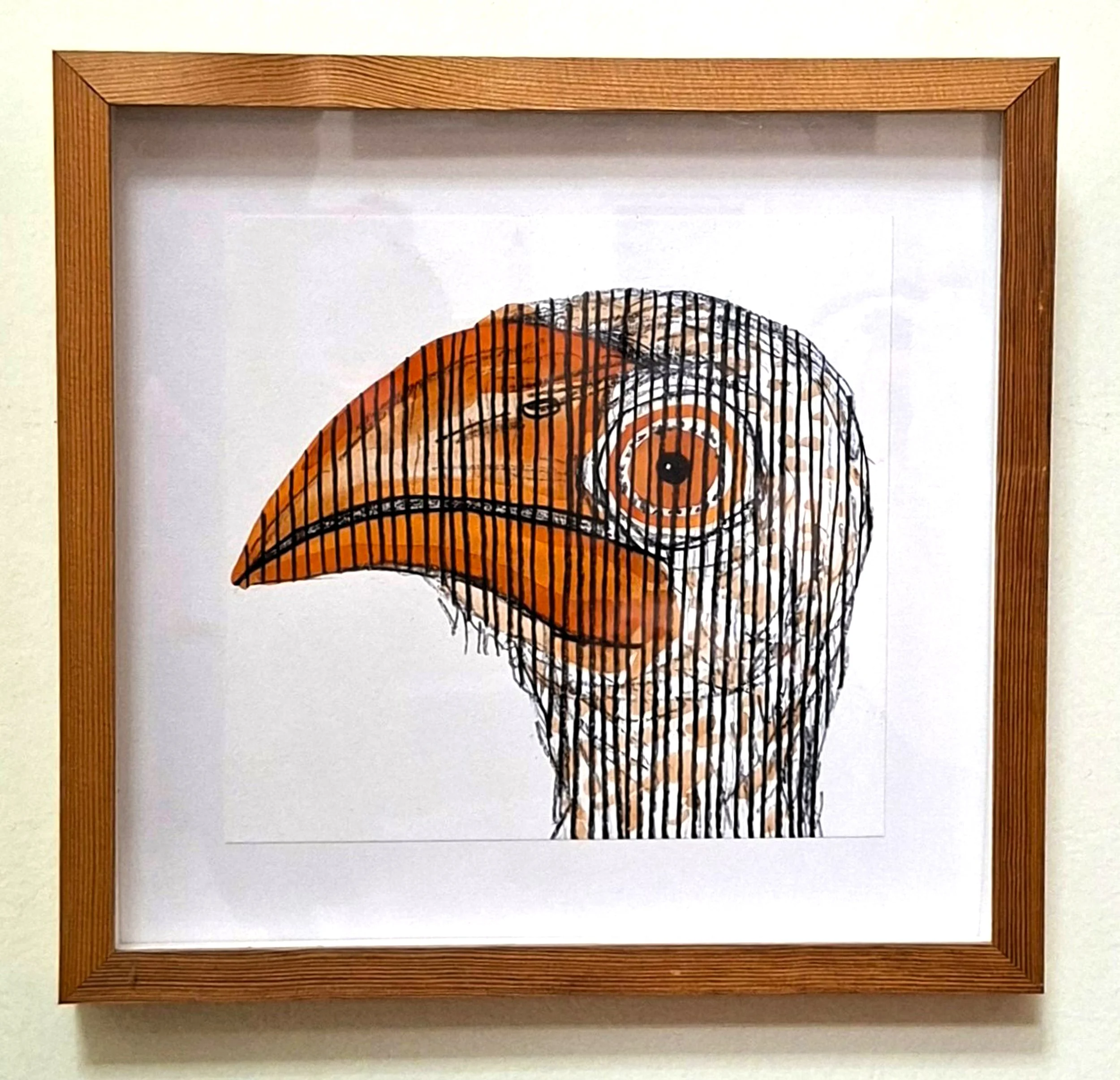 An expressive abstract framed portrait of a bird created with multicolored vertical stripes against the background. This piece explores the intersection of an animal form and rhythmic patterns.
