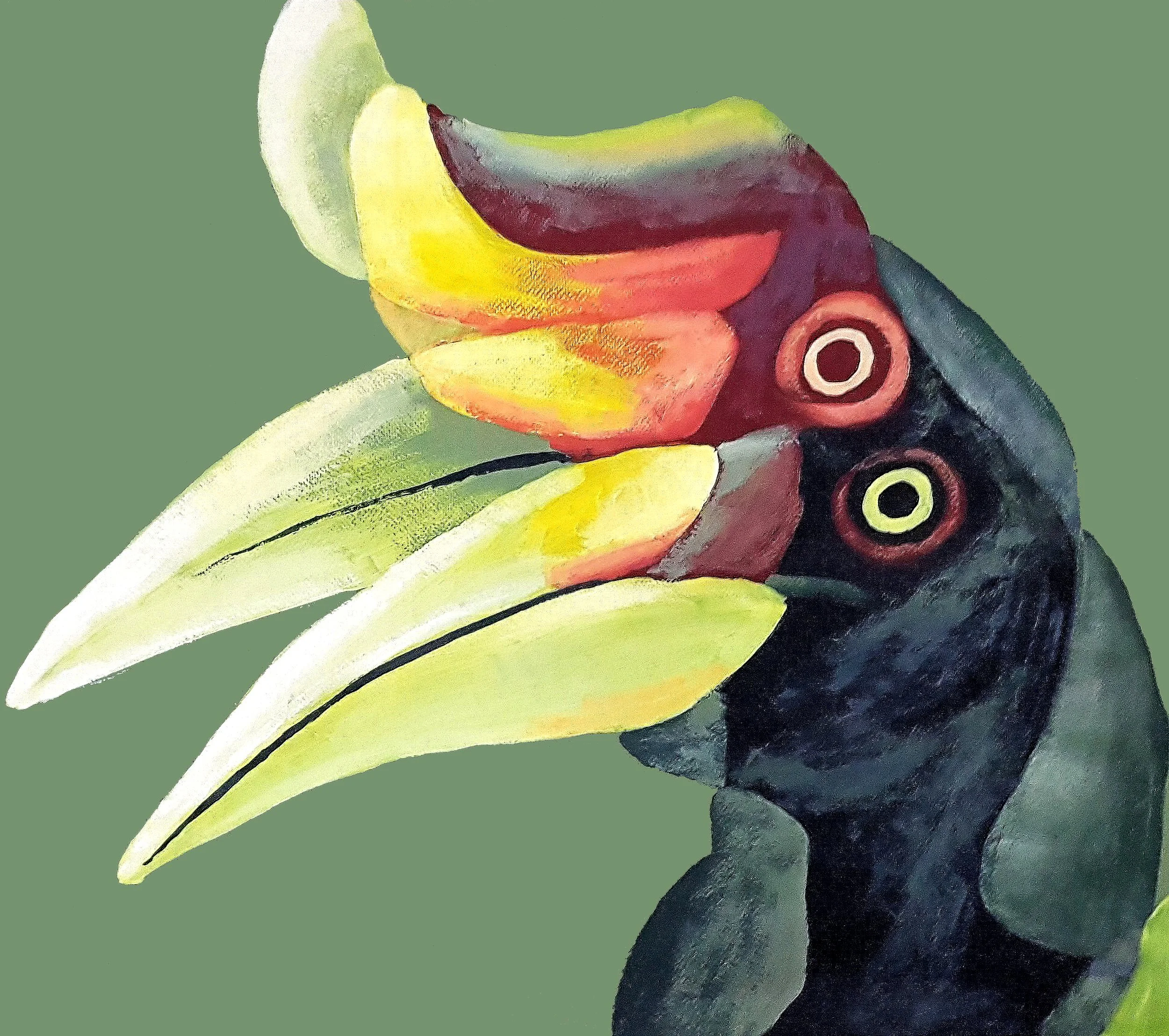 Psychedelic warm green and yellow hornbill tropical bird portrait, vibrant modern oil painting - Roi Pajursky.