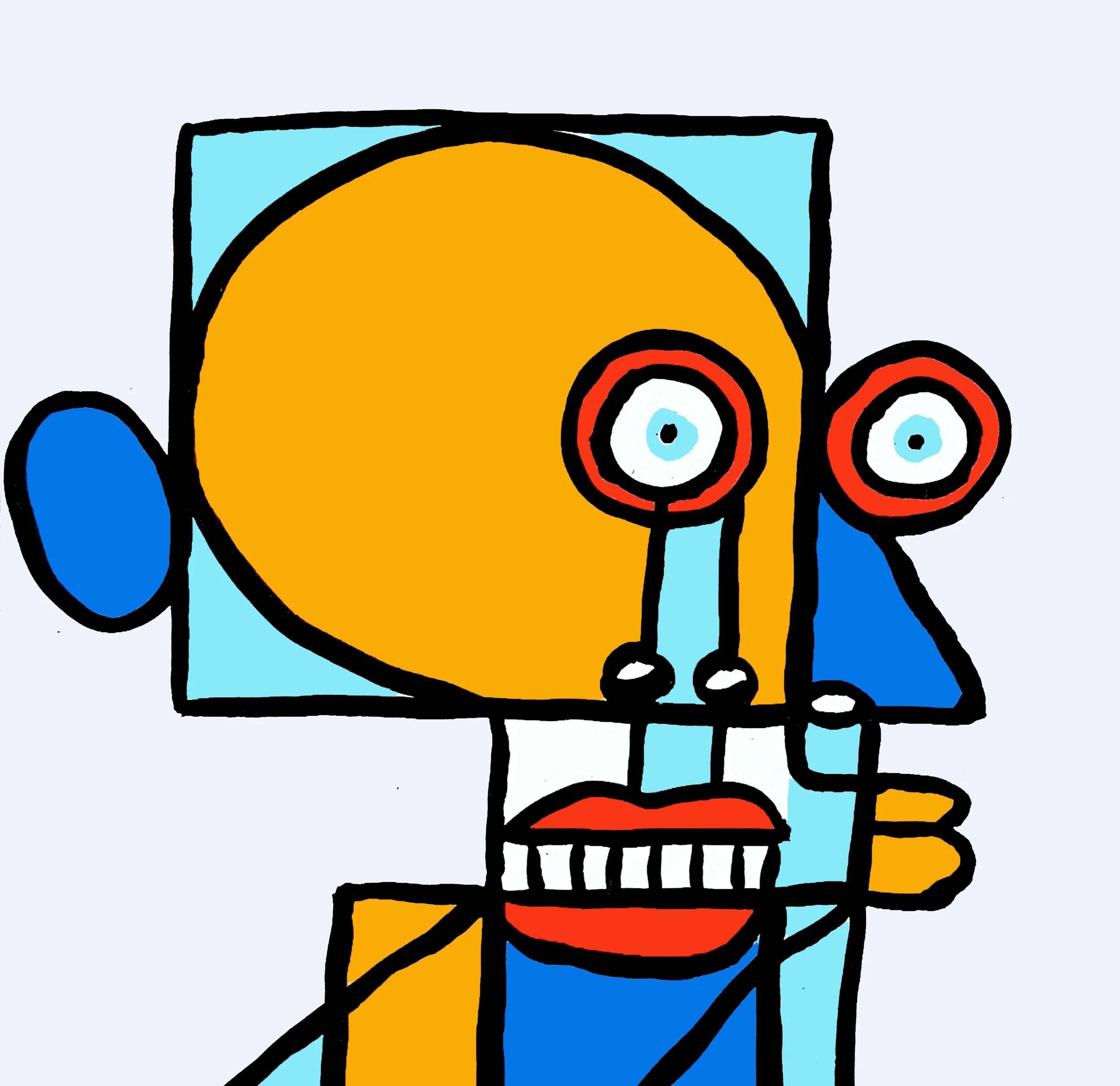 A profile view of a figure with a central blue and orange focus, surrounded by a colorful array of geometric shapes and symbols.