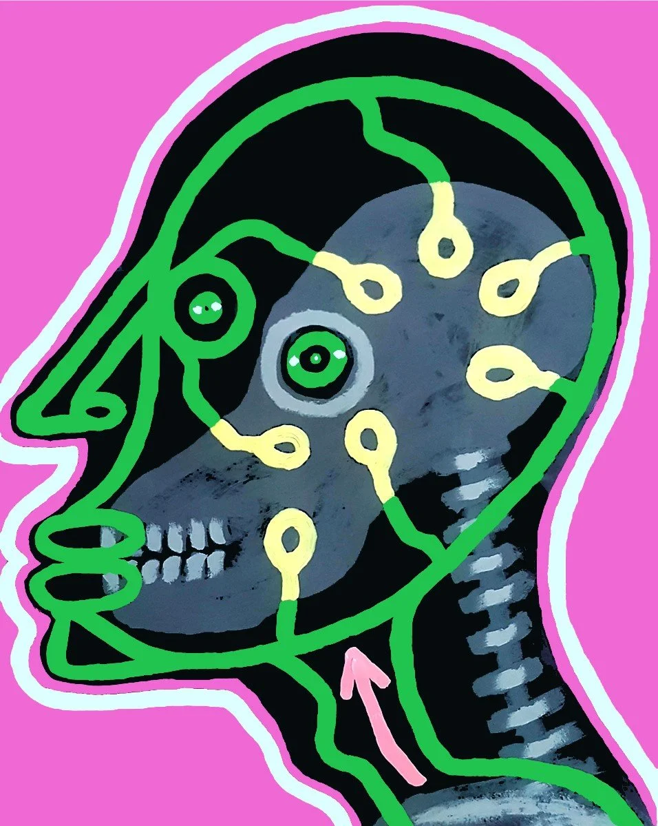 A conceptual art piece showing the human brain and nervous system as a complex, illuminated technological network.