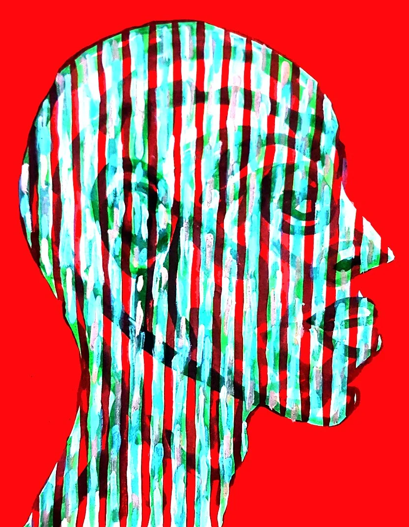 An expressive abstract portrait of a face created with multicolored vertical stripes against a bold red background. This piece explores the intersection of human form and rhythmic patterns.
