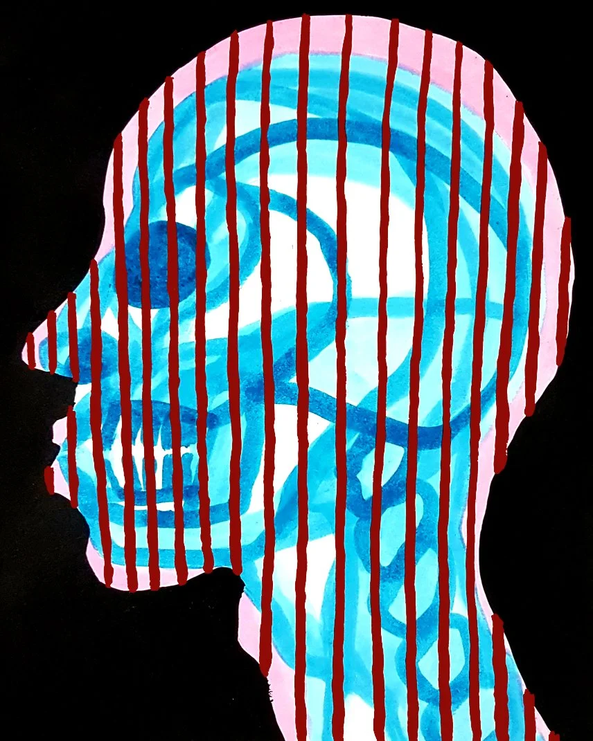 A contemporary side profile of a man's face rendered in cool blue vertical stripes. The minimalist composition emphasizes linear texture and modern aesthetic.