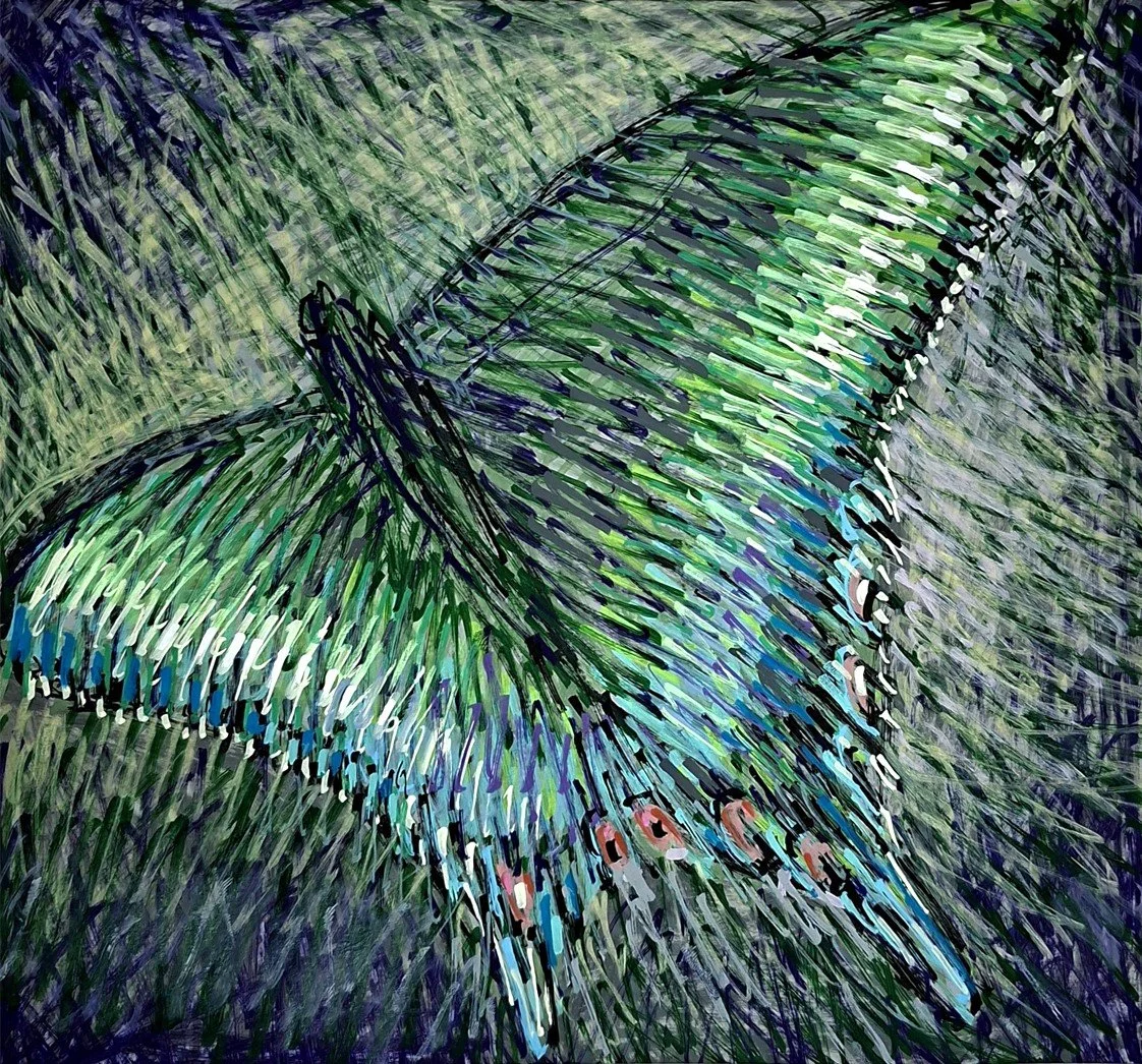 An abstract sketch of a butterfly on a dark background. This piece uses thin lines and high contrast to create a mysterious, atmospheric feel.