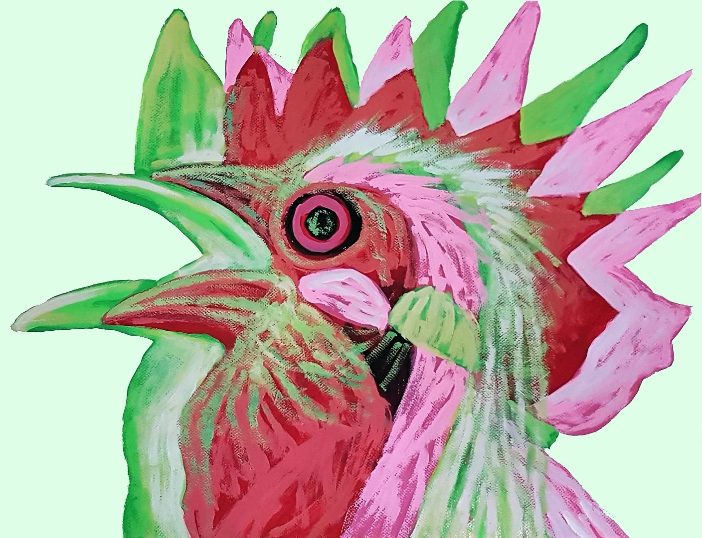 Modern rooster acrylic painting, stylized  bird art - Roi Pajursky.