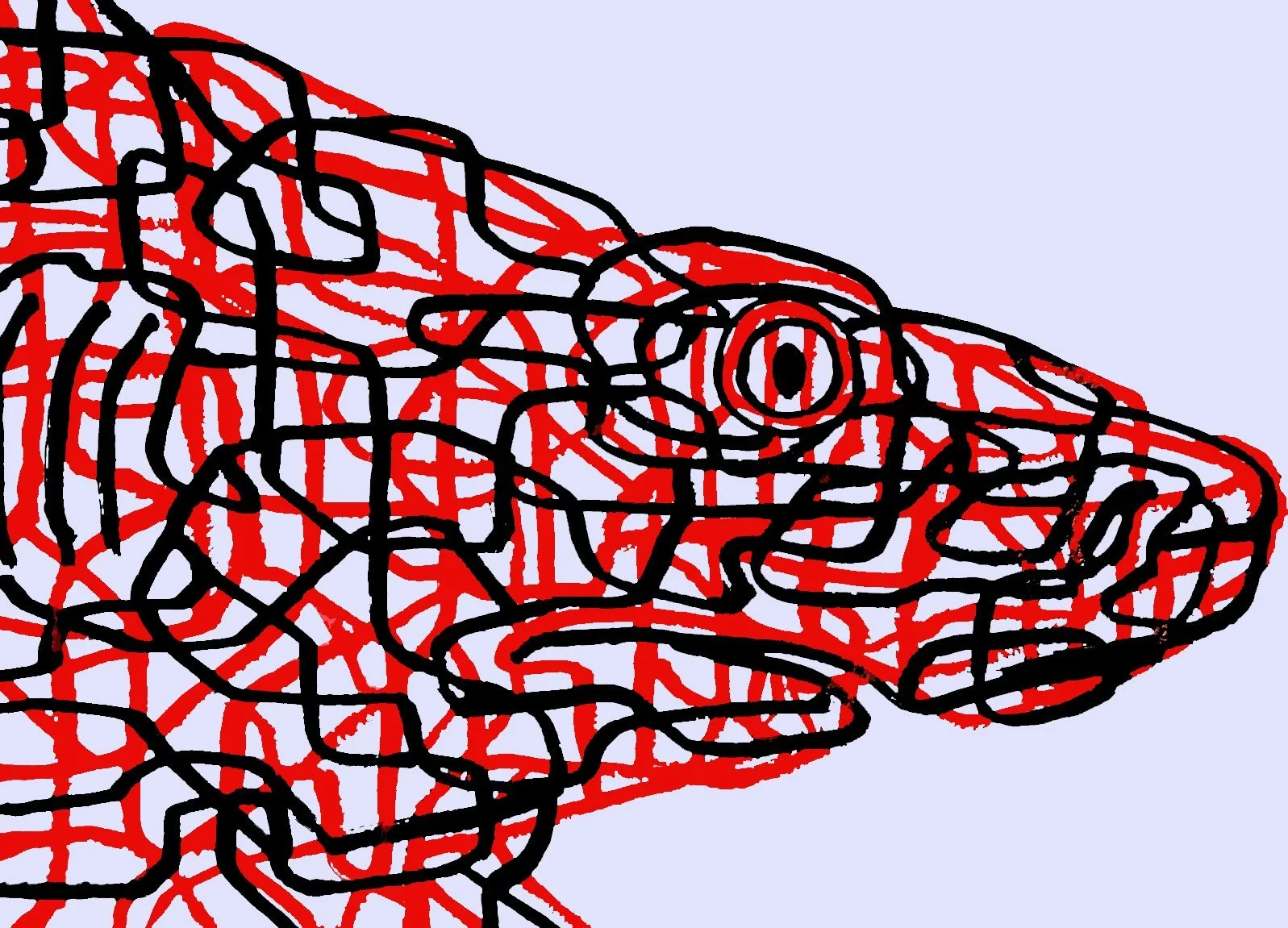 An abstract representation of a shark, blending geometric precision with a vivid and playful color palette.