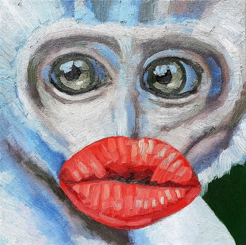 A surreal sketch of a grey monkey face with prominent red lips, blending sci-fi themes with an abstract artistic touch.