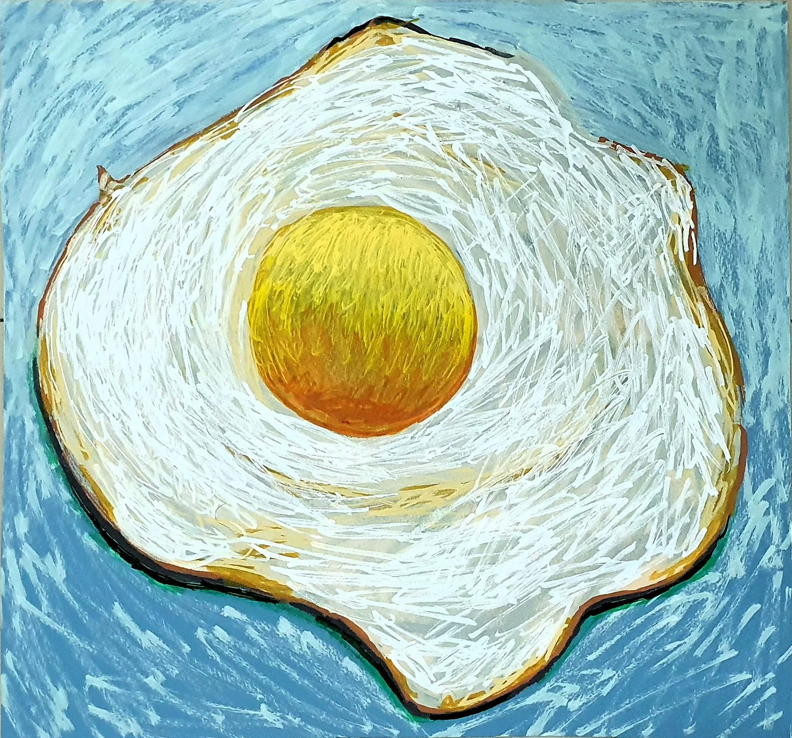 A textured, surrealist take on a fried egg. This contemporary artwork transforms a simple everyday object into a detailed visual study.