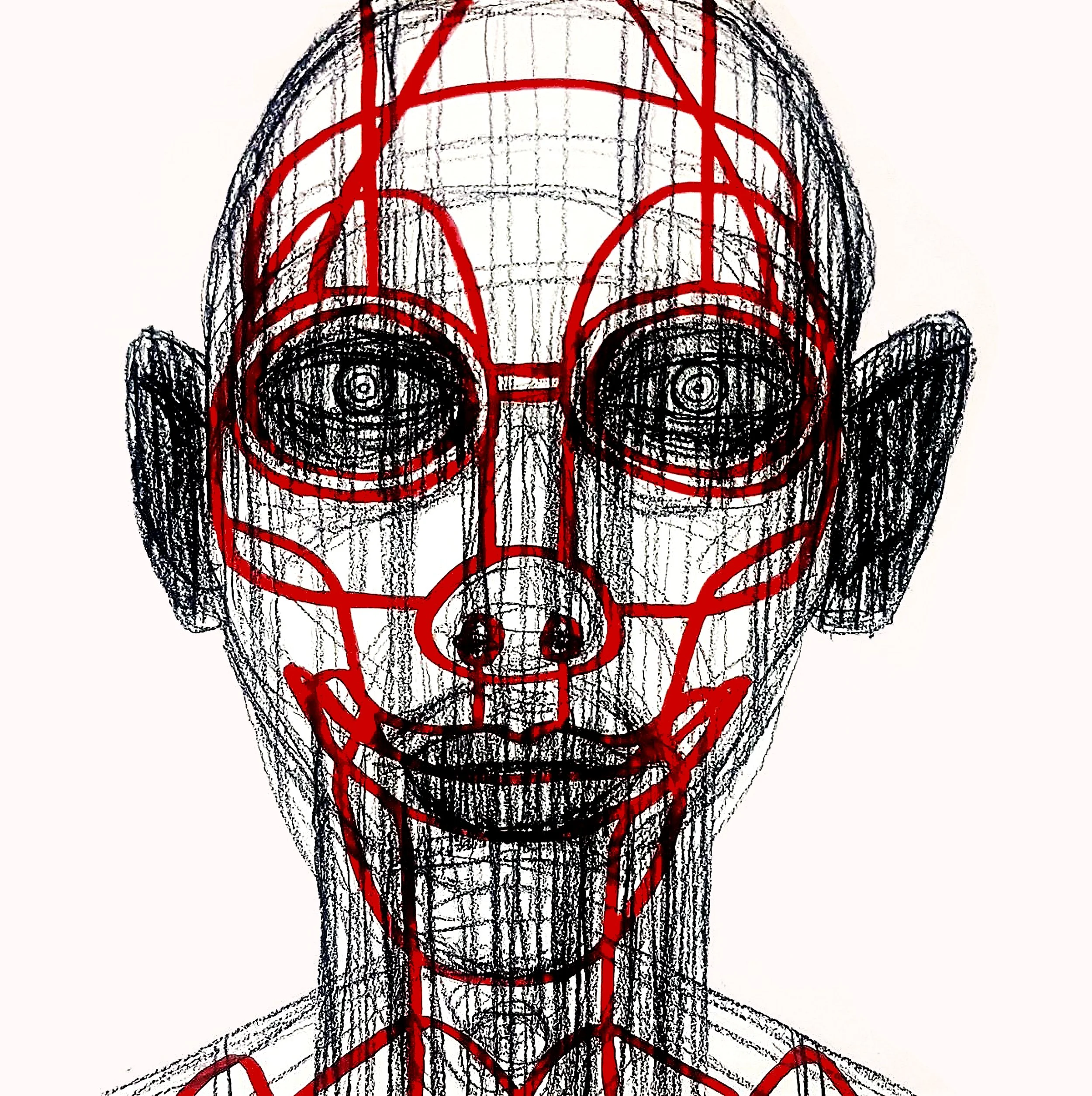 Surreal figurative ink drawing with red face geometric overlays and anatomical details - Roi Pajursky