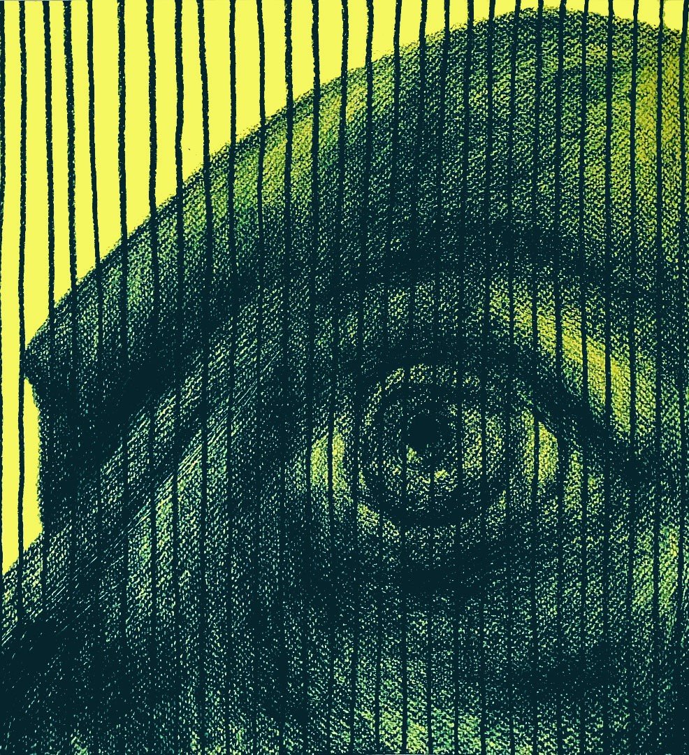 Contemporary dog portrait using optical stripe patterns. Minimalist yet vibrant Pop Art style, striped drawing. Unique wildlife art for modern nurseries, luxury homes, and eclectic collections. Hand-painted by Roi Pajursky.
