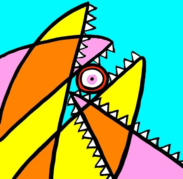 An abstract fish head composition where organic curves meet sharp angles, accented by a striking green and red color scheme.