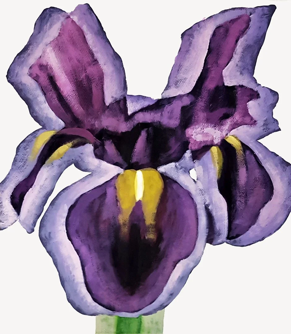 Modern iris flower acrylic painting, stylized polar bird art - Roi Pajursky.