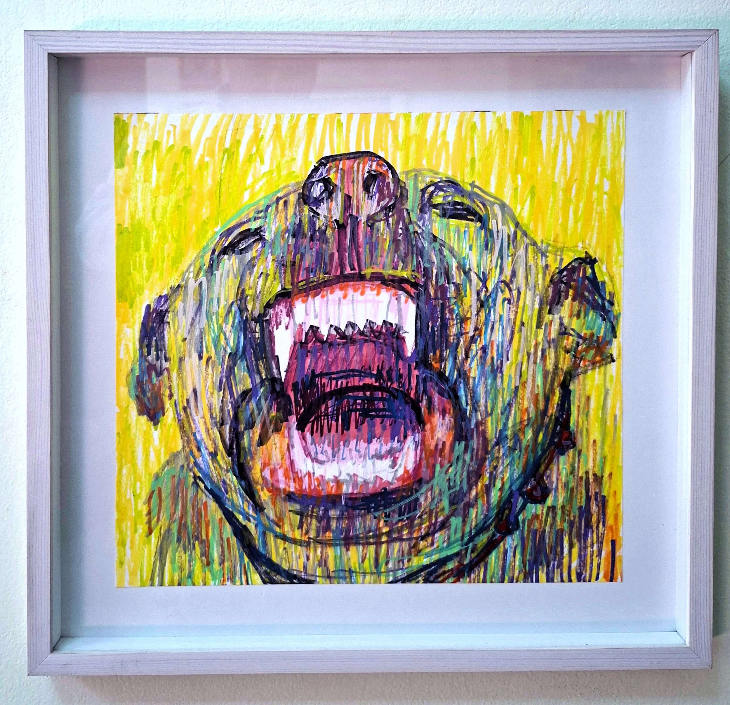 Expressive colorful dog painting with open mouth, yellow background, Posca marker and ink art by Roi Pajursky in a white frame.