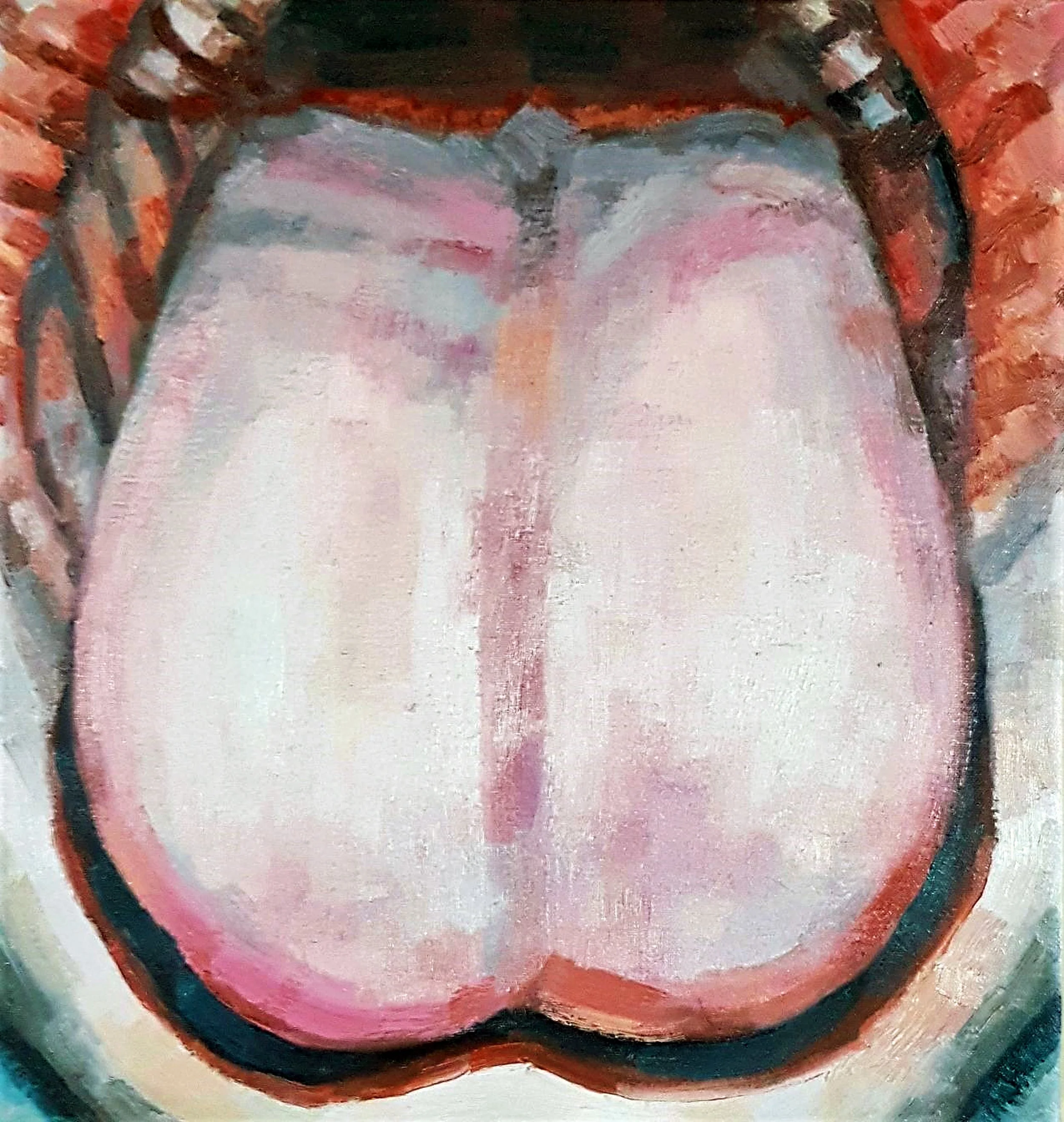 A visceral and intimate figurative oil painting exploring the organic textures and anatomical details of the human mouth.