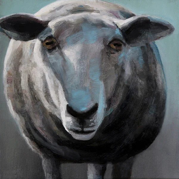 A detailed and character-focused oil portrait of a sheep.