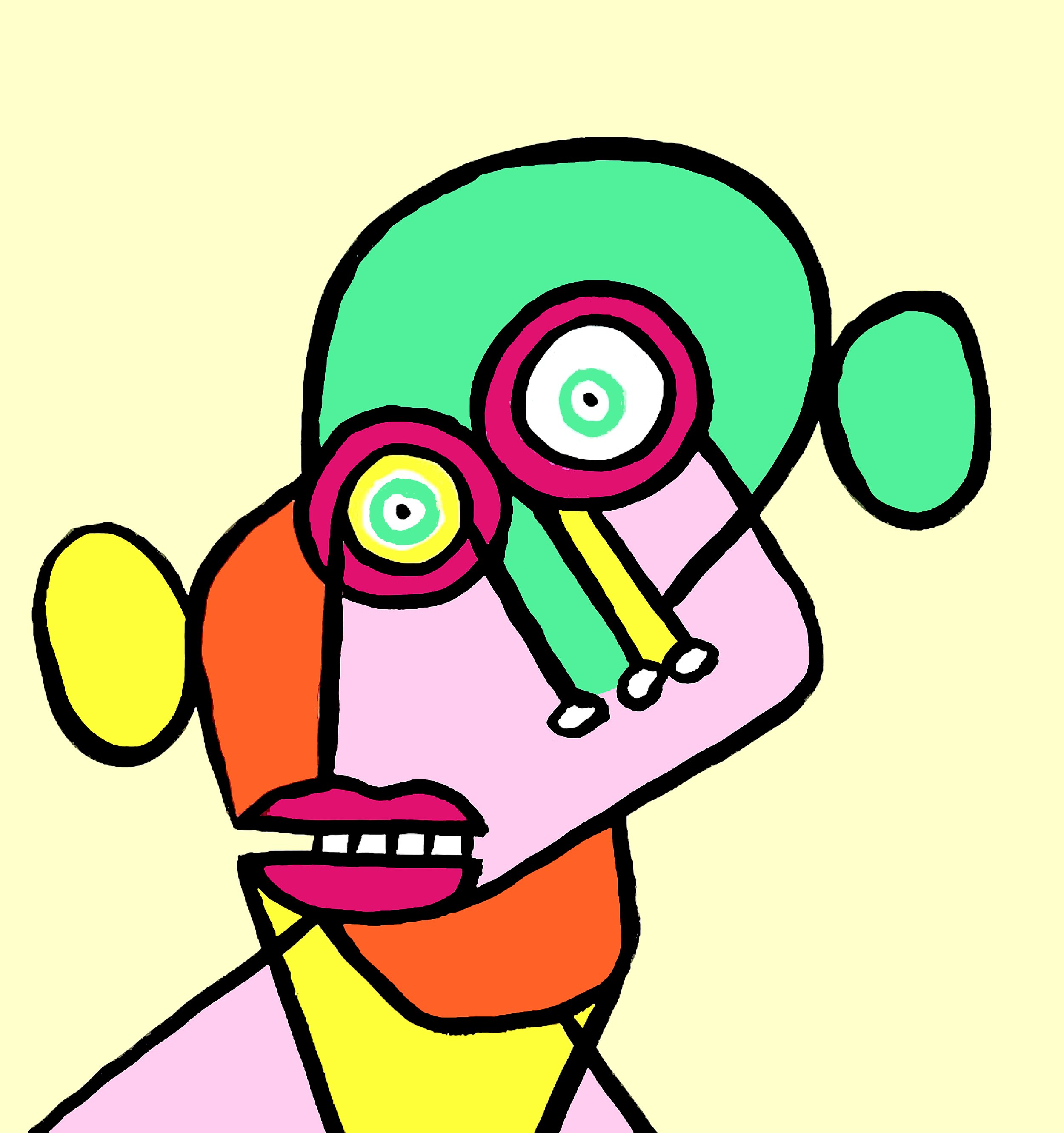 A profile view of a funny figure, where orange tones and jagged lines emphasize the raw energy of the expression.