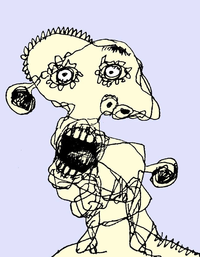 A creative and slightly surreal ink illustration of a monster's screaming face, filled with imaginative details.
