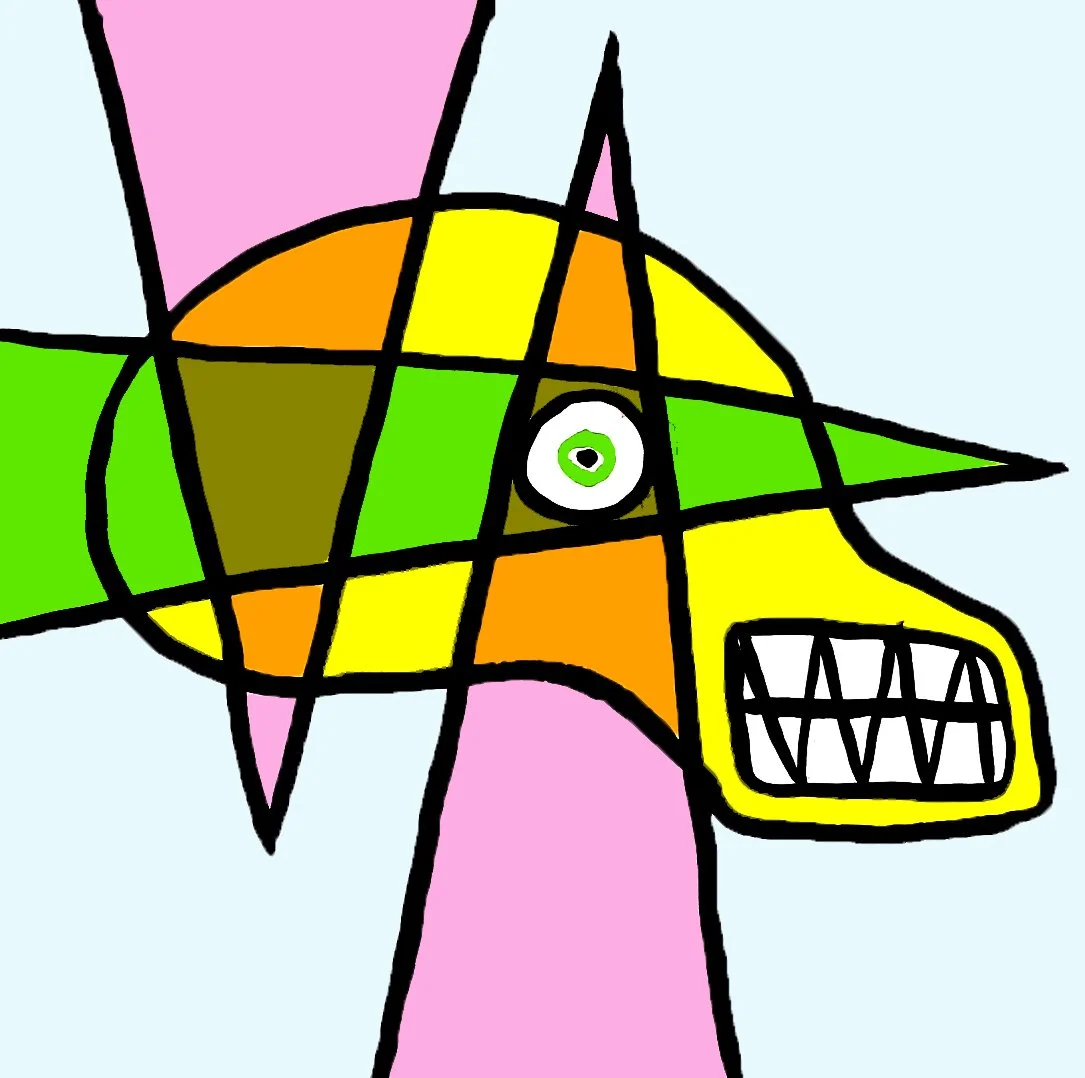 A focused portrait highlighting an eye within a chaotic yet balanced grid of yellow and green geometric shapes.