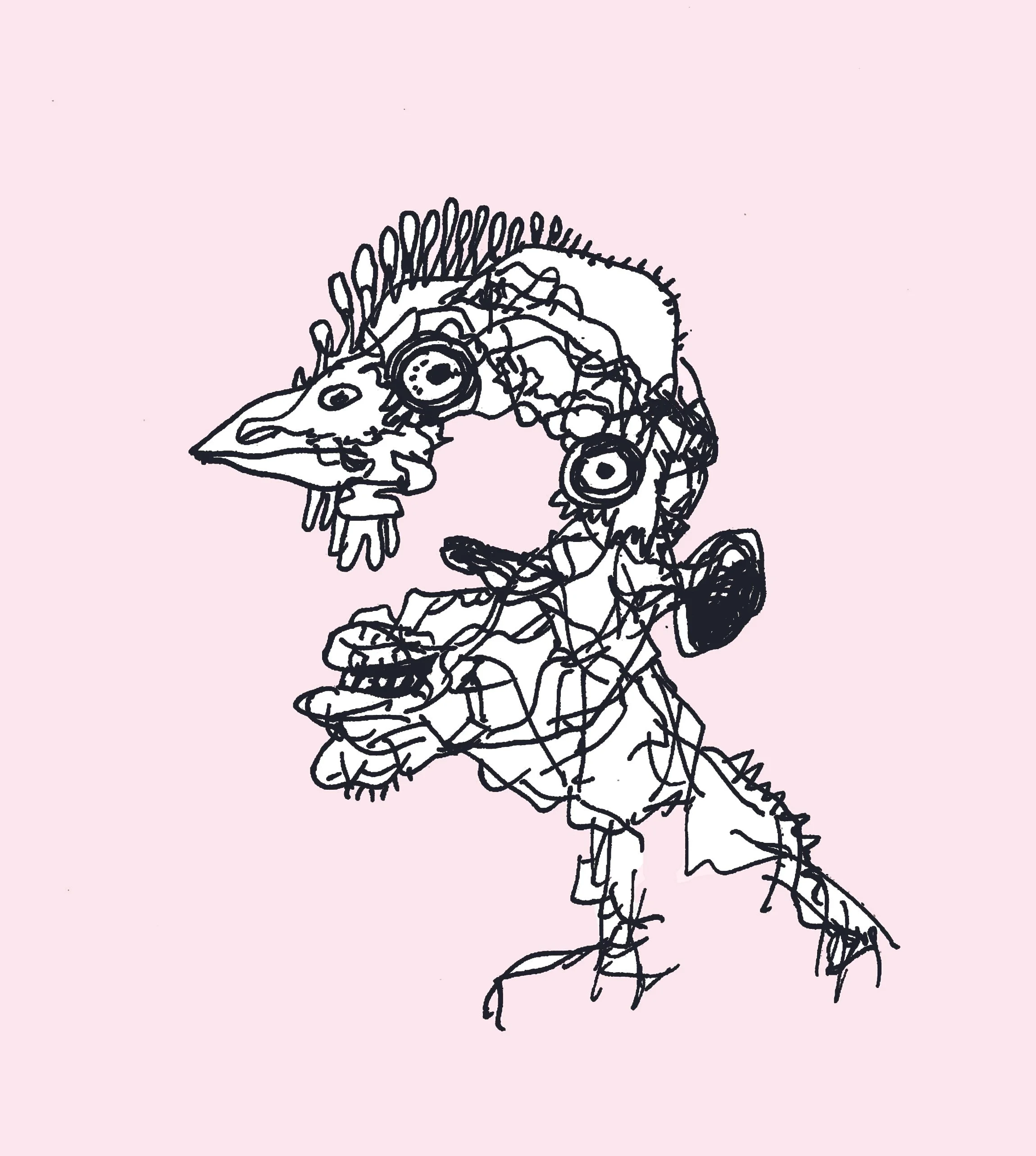 A detailed ink study of a human face with a beak, showcasing the vertebrae with precise and artistic line work.