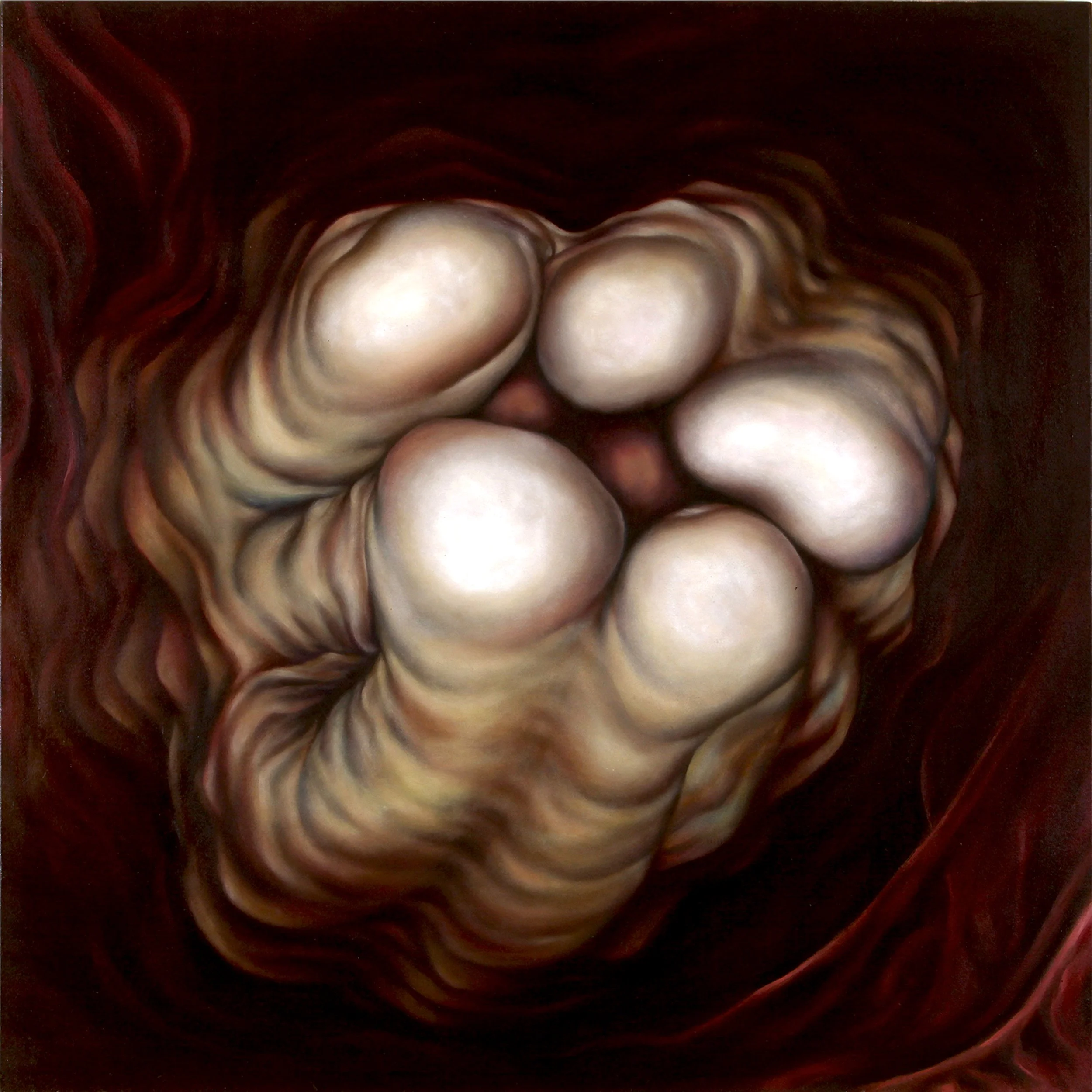 A rhythmic oil painting fragment inspired by pepper close-up, featuring repetitive patterns and a warm red color palette.