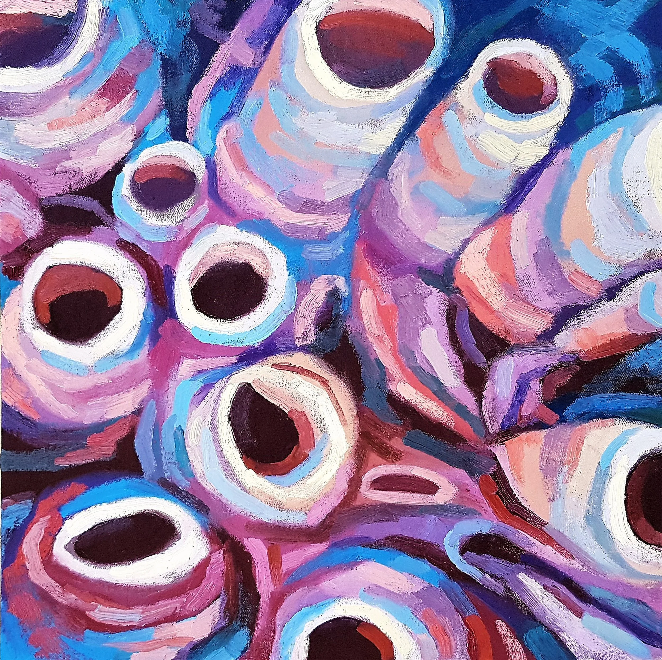 A rhythmic oil painting fragment inspired by the intricate patterns and vibrant textures of underwater coral reefs in blue and purple