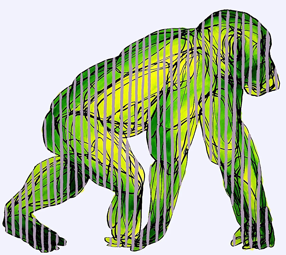 A unique artistic depiction of a walking monkey featuring vibrant green and pink stripes. A powerful example of contemporary animal art using repetitive line motifs.