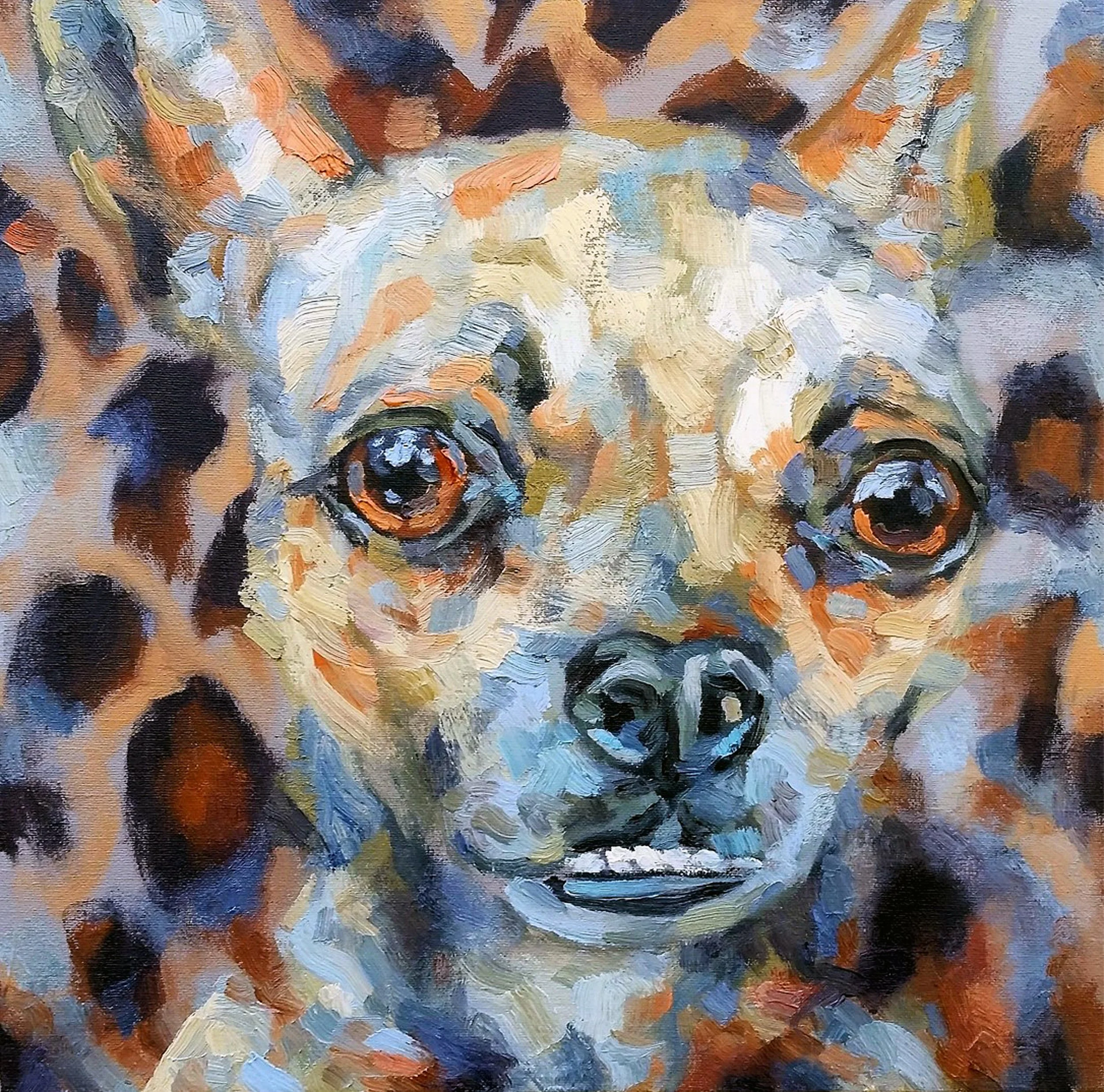 A dramatic oil portrait of a dog against a dark background, focusing on the texture of the wool and a contemplative expression.