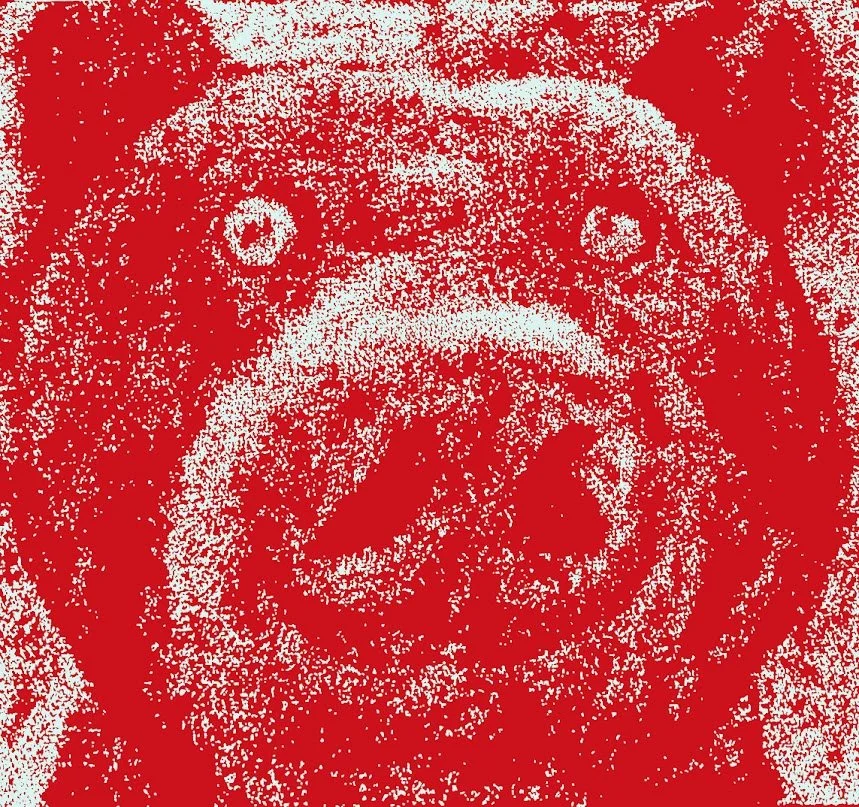 An abstract design of a bear in red, combining architectural lines with artistic flair.