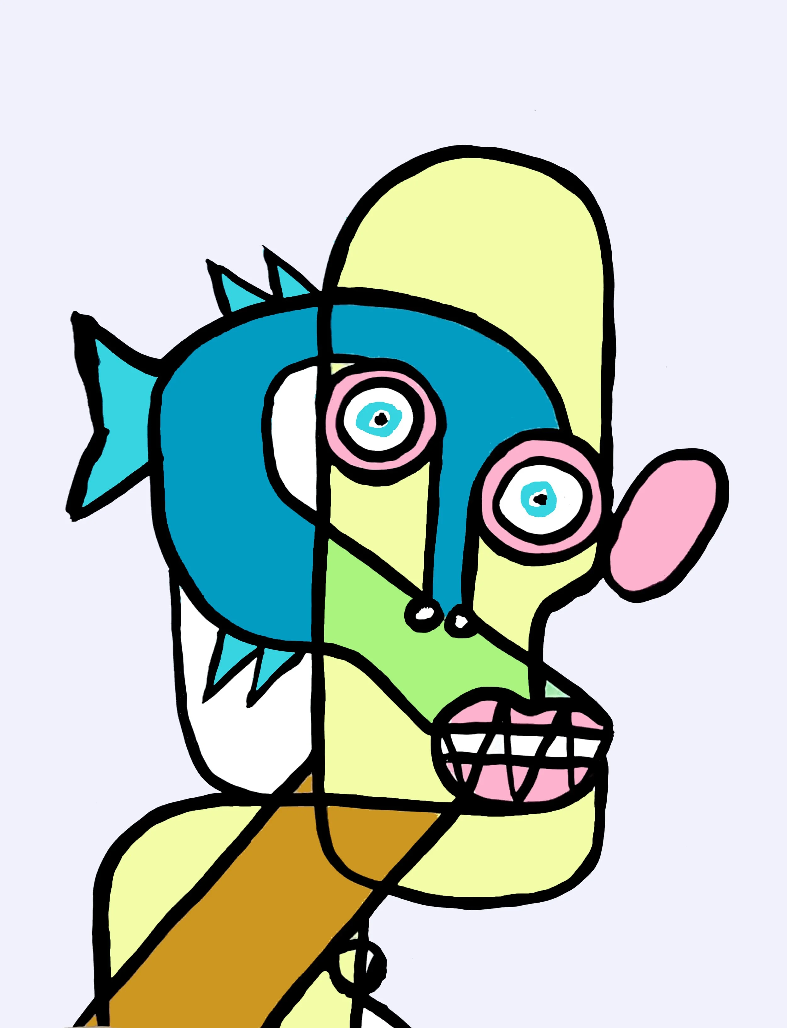 An abstract fish-like character, rendered with a pop-art influence and colorful geometric abstraction.