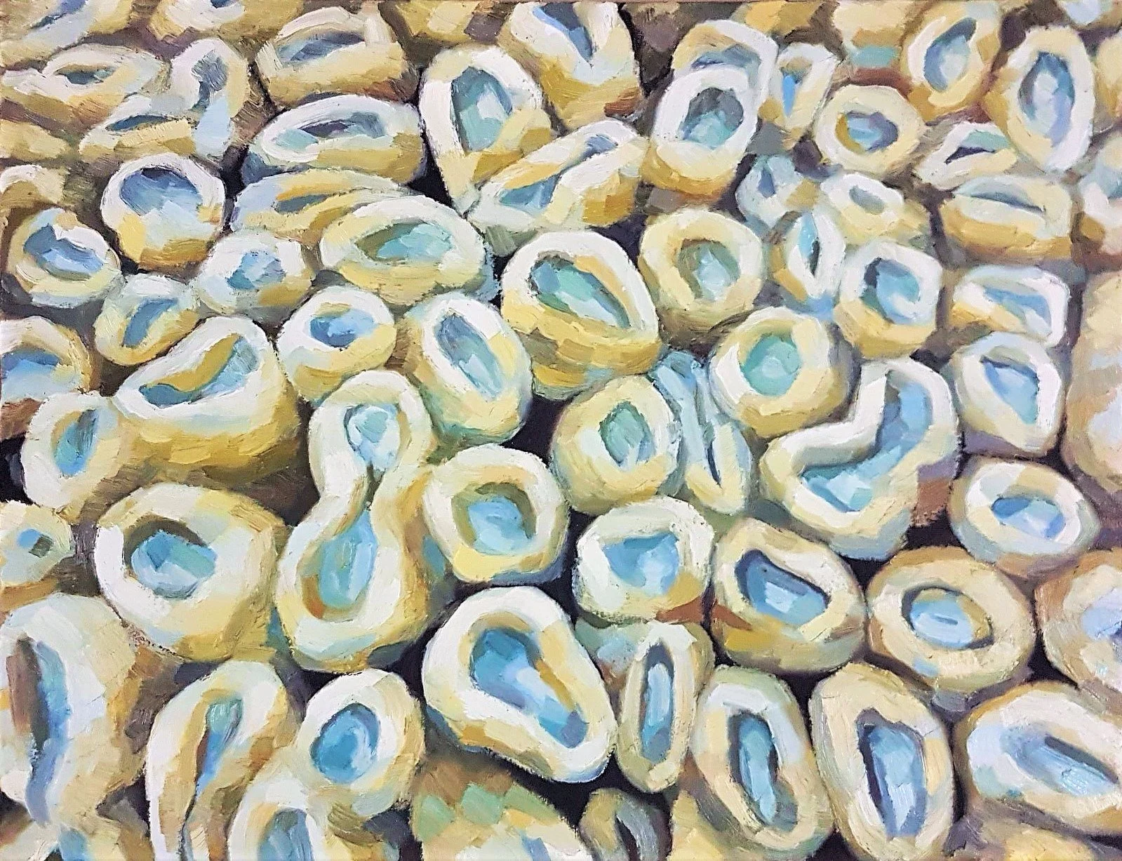 A swirling, rhythmic oil painting fragment inspired by the intricate patterns and vibrant textures of underwater bright coral reefs.