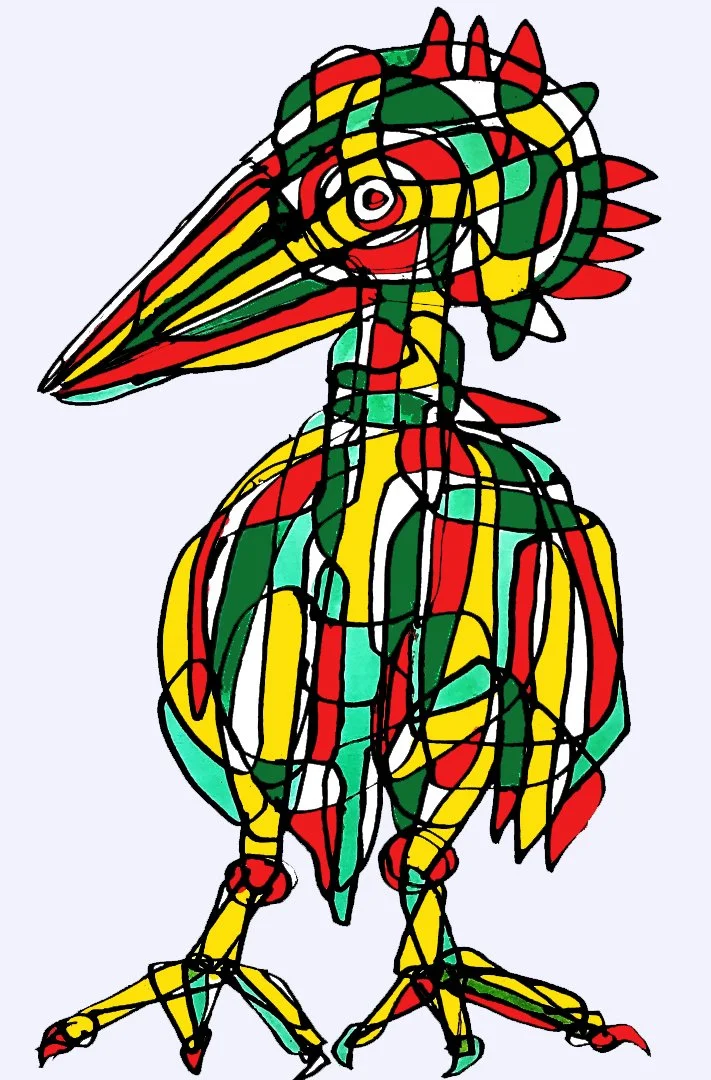 A creative and surreal heron illustration that incorporates pineapple-like textures into a geometric framework.