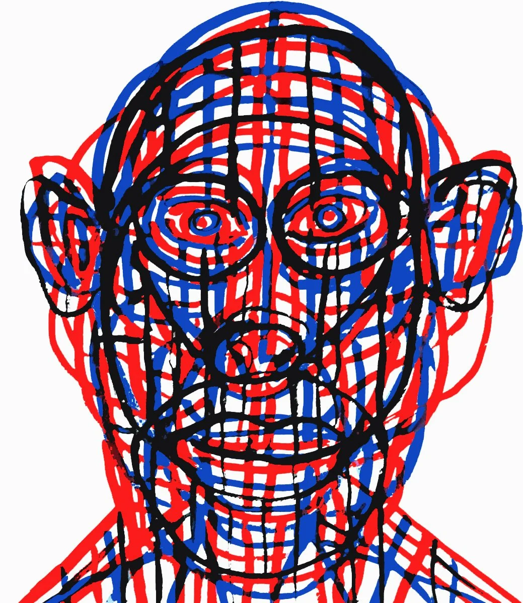 A surreal illustration of a man's face composed of orange and blue vertical stripes. This piece uses linear patterns to create a sense of depth and organic form.