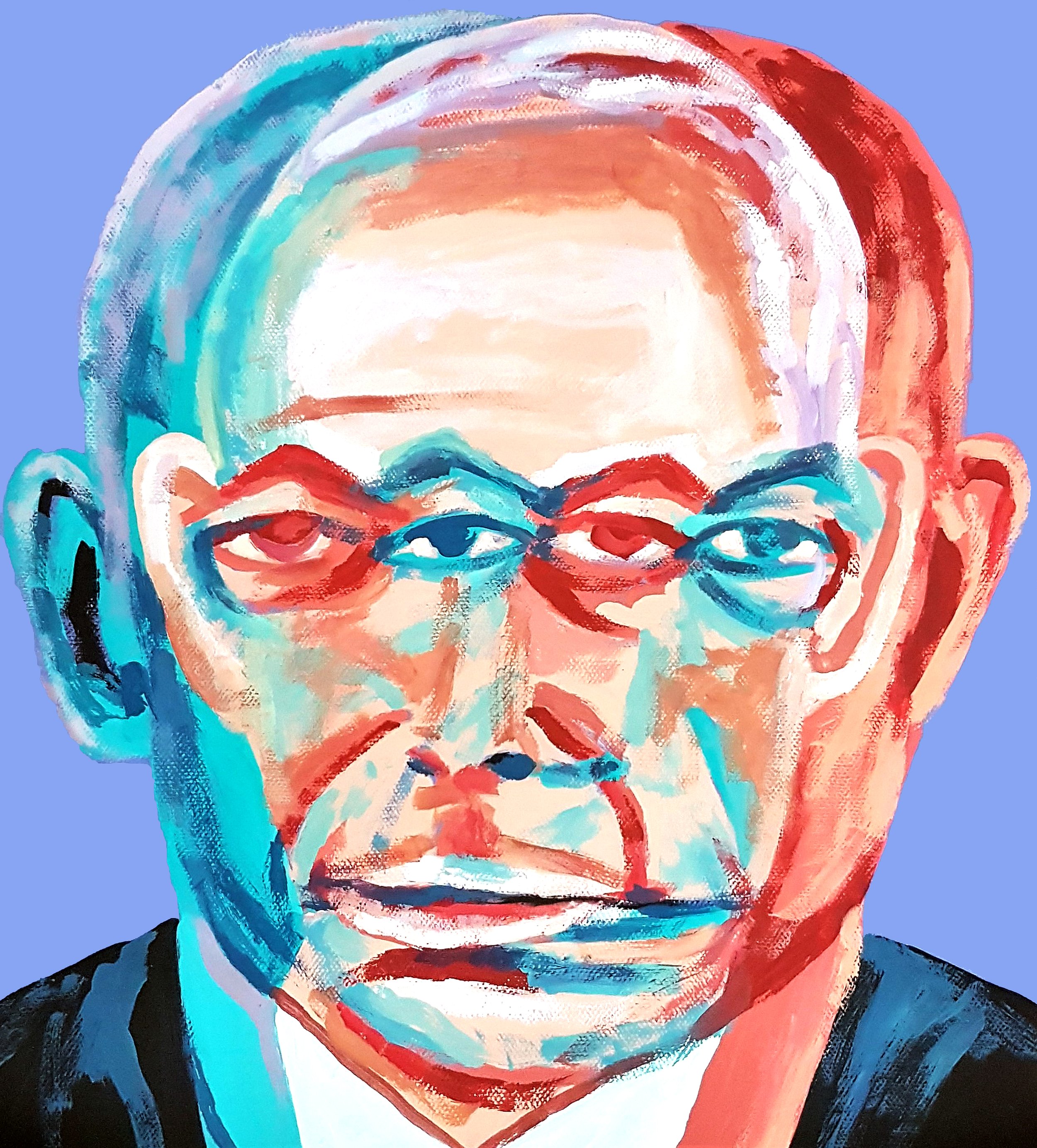 Contemporary Bibi Netanyahu portrait in blue and orange, colorful expressive oil painting by Roi Pajursky