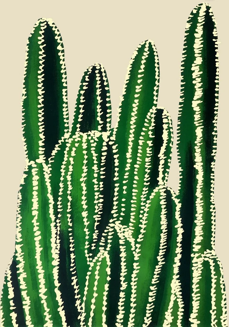 A detailed botanical study of a cactus, reimagined with organic patterns and rich textures. A masterpiece of modern figurative art focusing on nature’s geometry.