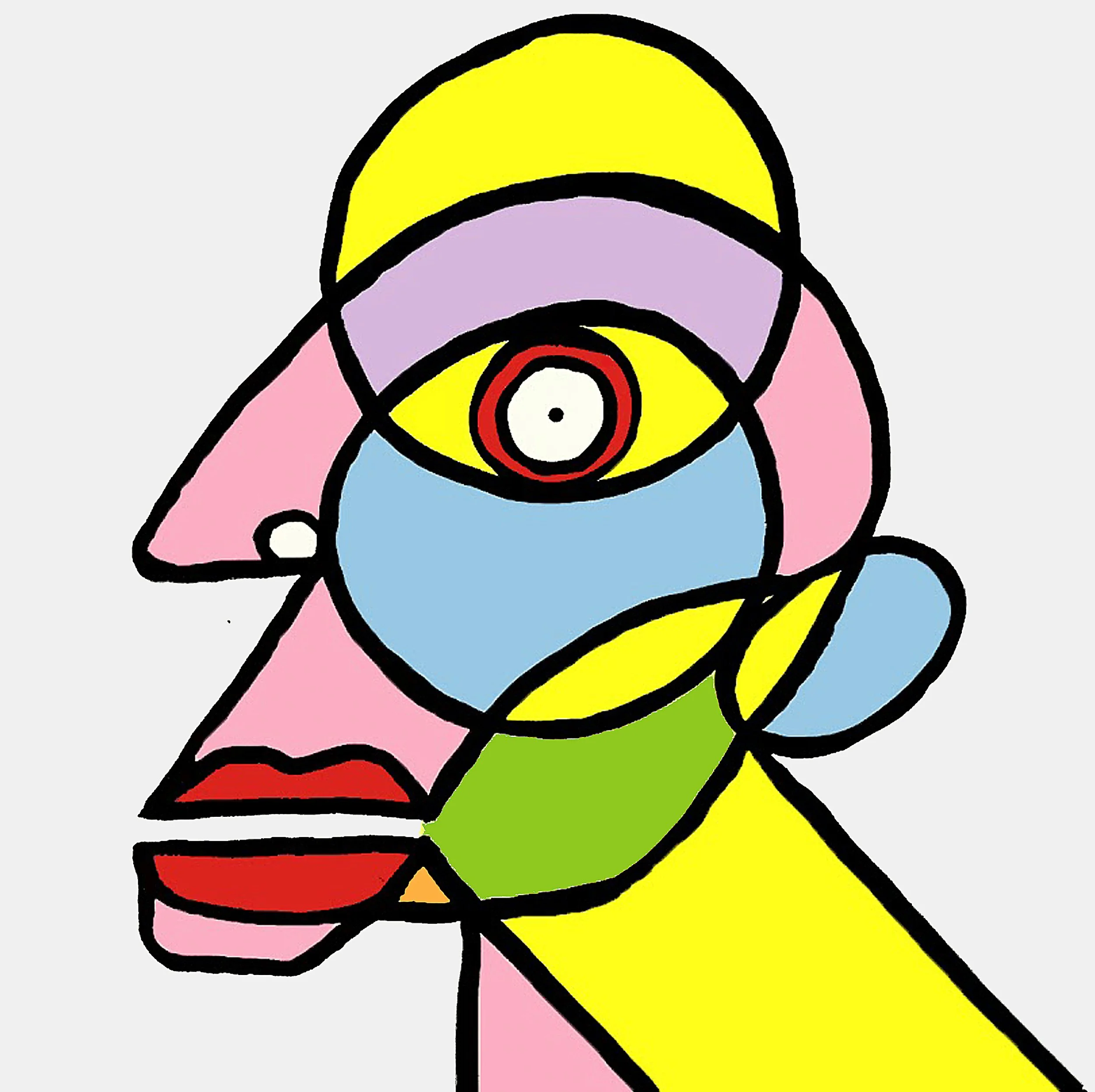 A pink and yellow futuristic portrait where the face is composed of circuit-like patterns and colorful geometric blocks.