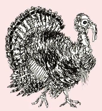 A minimalist and clean pen sketch of a wild turkey, emphasizing the animal's silhouette and character